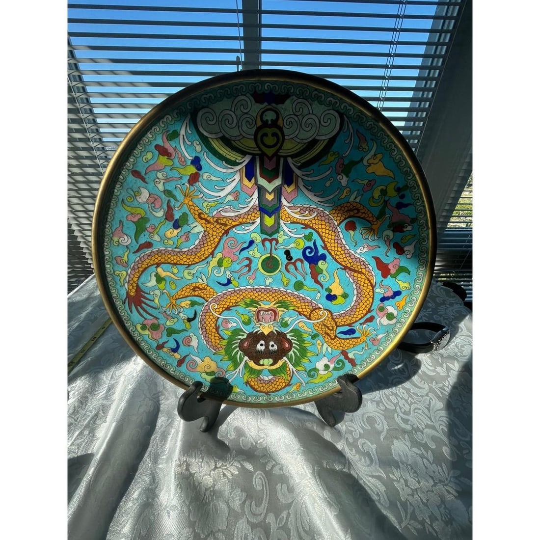 Large 12" Antique Chinese Cloisonne Dragon Charger Plate - Late Qing/Republic - 4