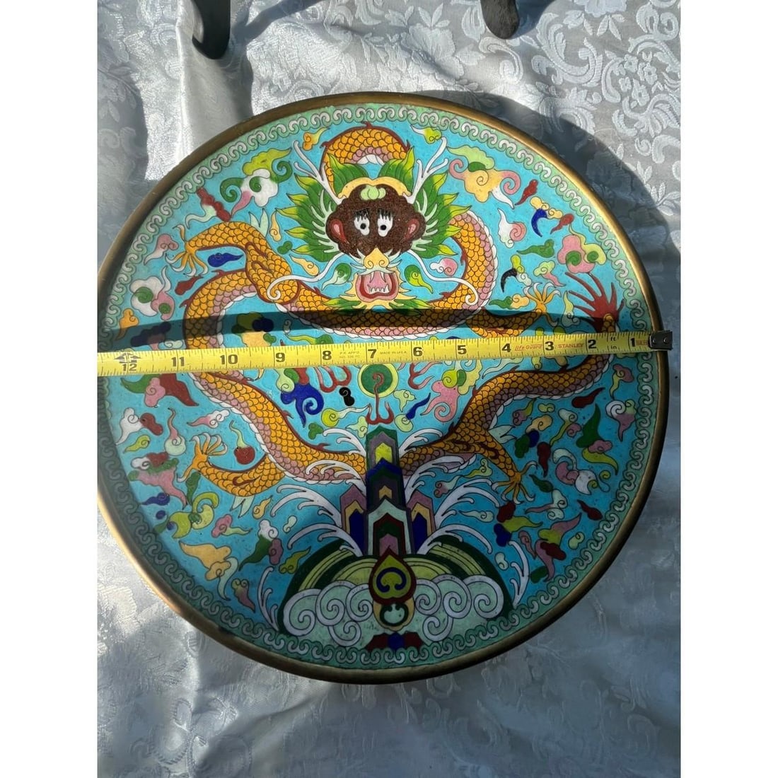 Large 12" Antique Chinese Cloisonne Dragon Charger Plate - Late Qing/Republic - 7
