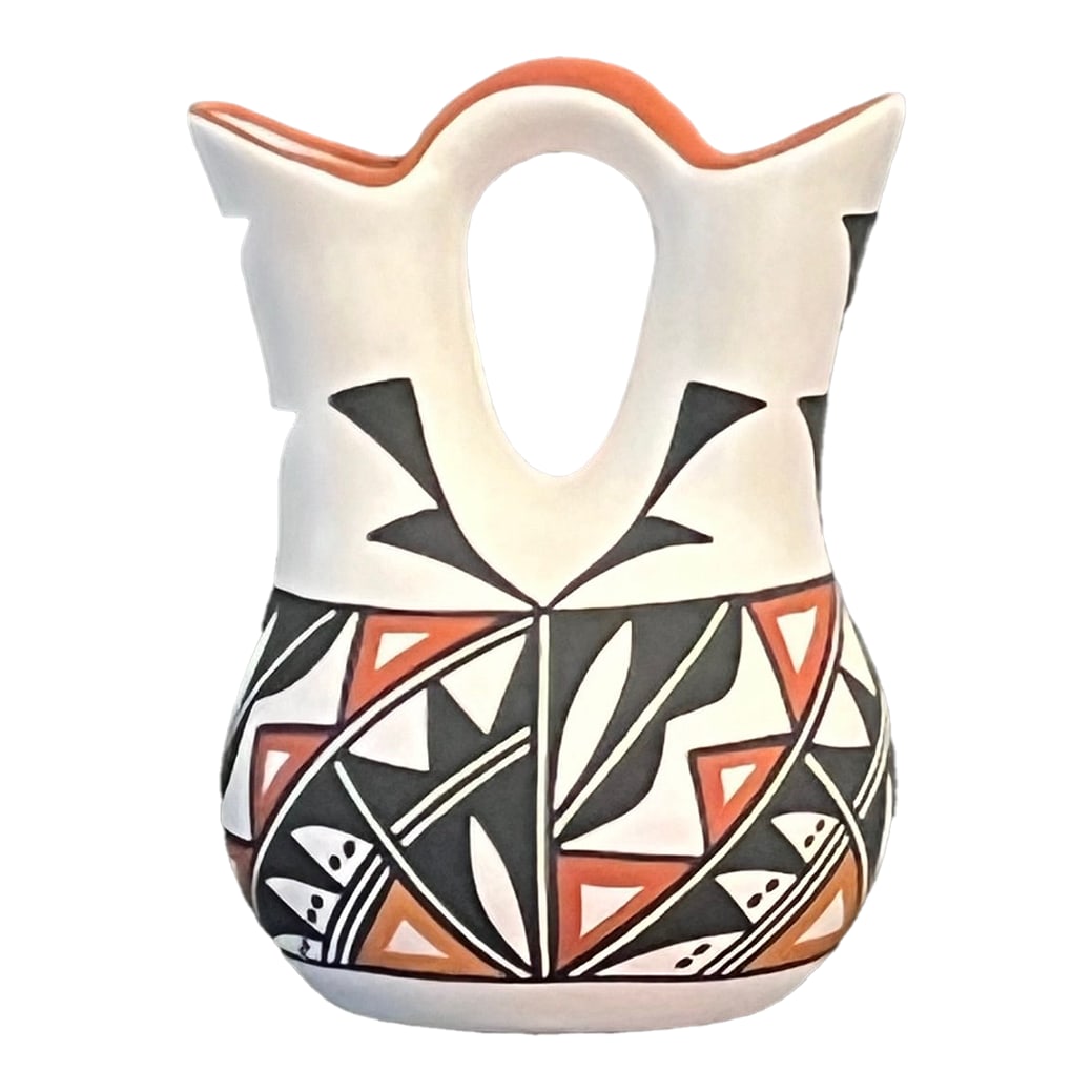 Late 20th Century Acoma Pueblo Fine Art Wedding Vase - Hand-Painted Polychrome Pottery 8"x 6": This exquisite 8-inch tall Acoma Pueblo wedding vase represents a stunning fusion of traditional Native American craftsmanship and intricate geometric artistry. Hand-coiled and painted by a skilled