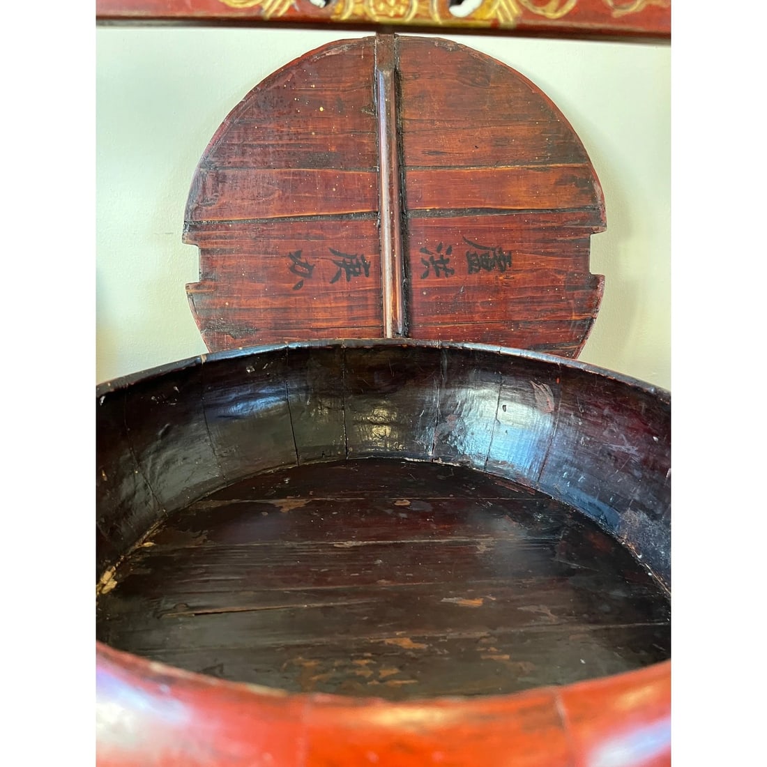 Antique Chinese Cinnabar Red Lacquer Wedding Buckets Gilt Carved - A Pair - 13