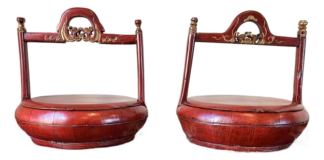 Antique Chinese Cinnabar Red Lacquer Wedding Buckets Gilt Carved - A Pair: A striking, closely matched pair of antique Chinese wedding gift buckets in vibrant cinnabar-red lacquer with ornate gilt-carved handles. One bucket is in excellent condition and features a rare