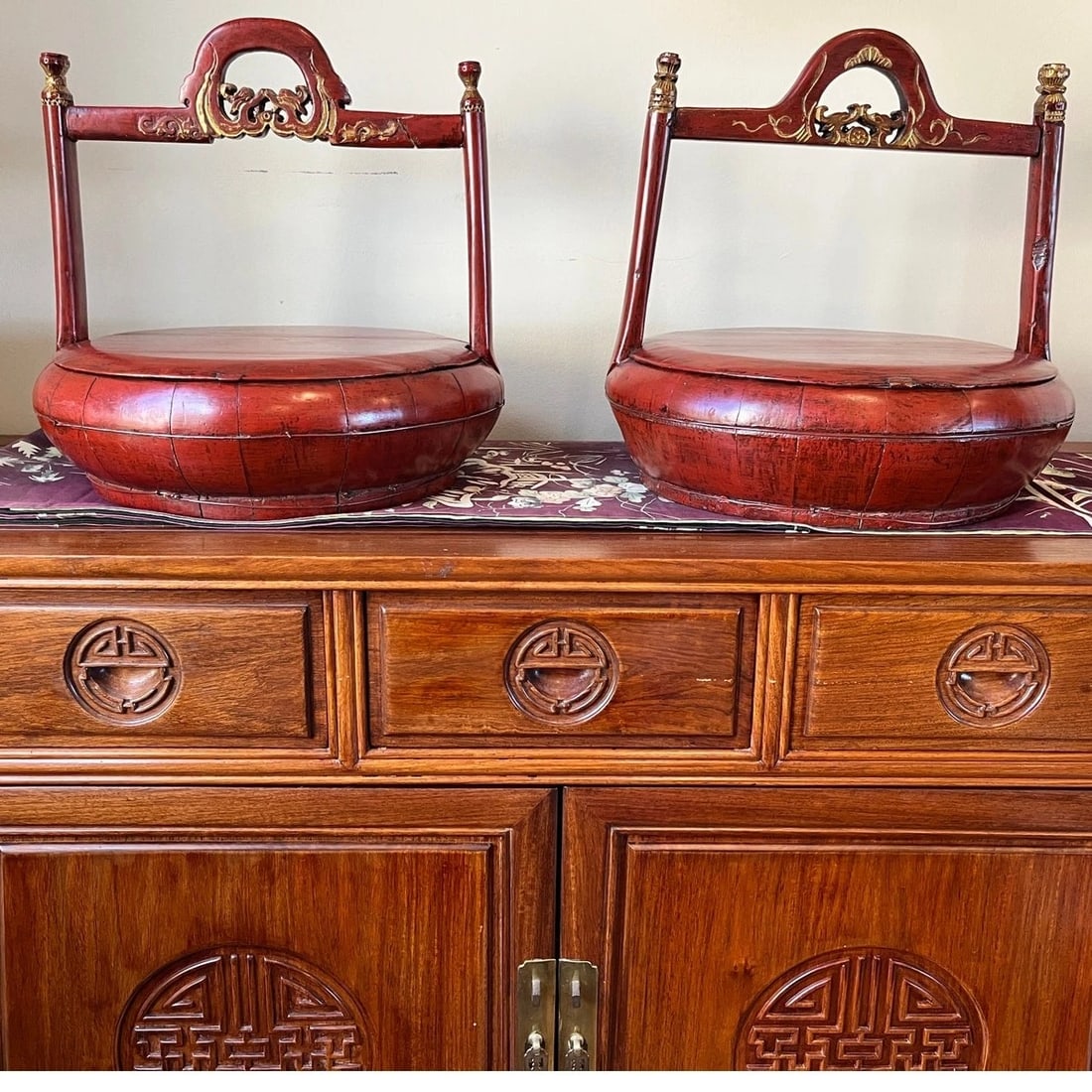 Antique Chinese Cinnabar Red Lacquer Wedding Buckets Gilt Carved - A Pair - 5