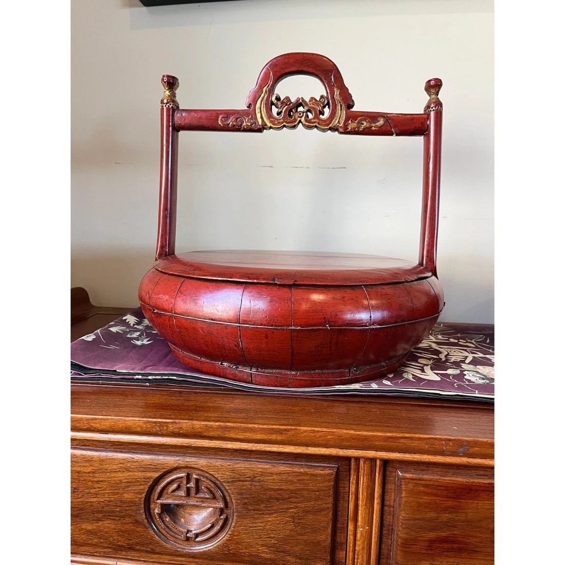 Antique Chinese Cinnabar Red Lacquer Wedding Buckets Gilt Carved - A Pair - 7
