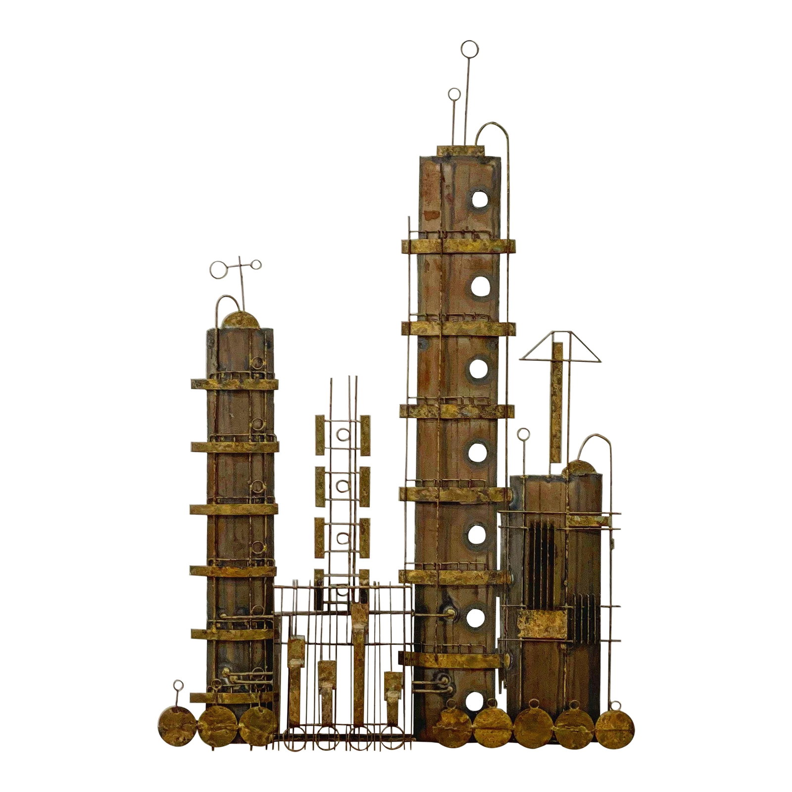 Mid 20th century Peter Pepper Products Brutalist Steampunk Cityscape Metal Sculpture After C Jere: Rare and uncommon midcentury Brutalist style mixed metal cityscape wall sculpture by Peter Pepper Products. Kind of a steampunk vibe. Excellent condition. Retains Peter Pepper Products label. Conditio