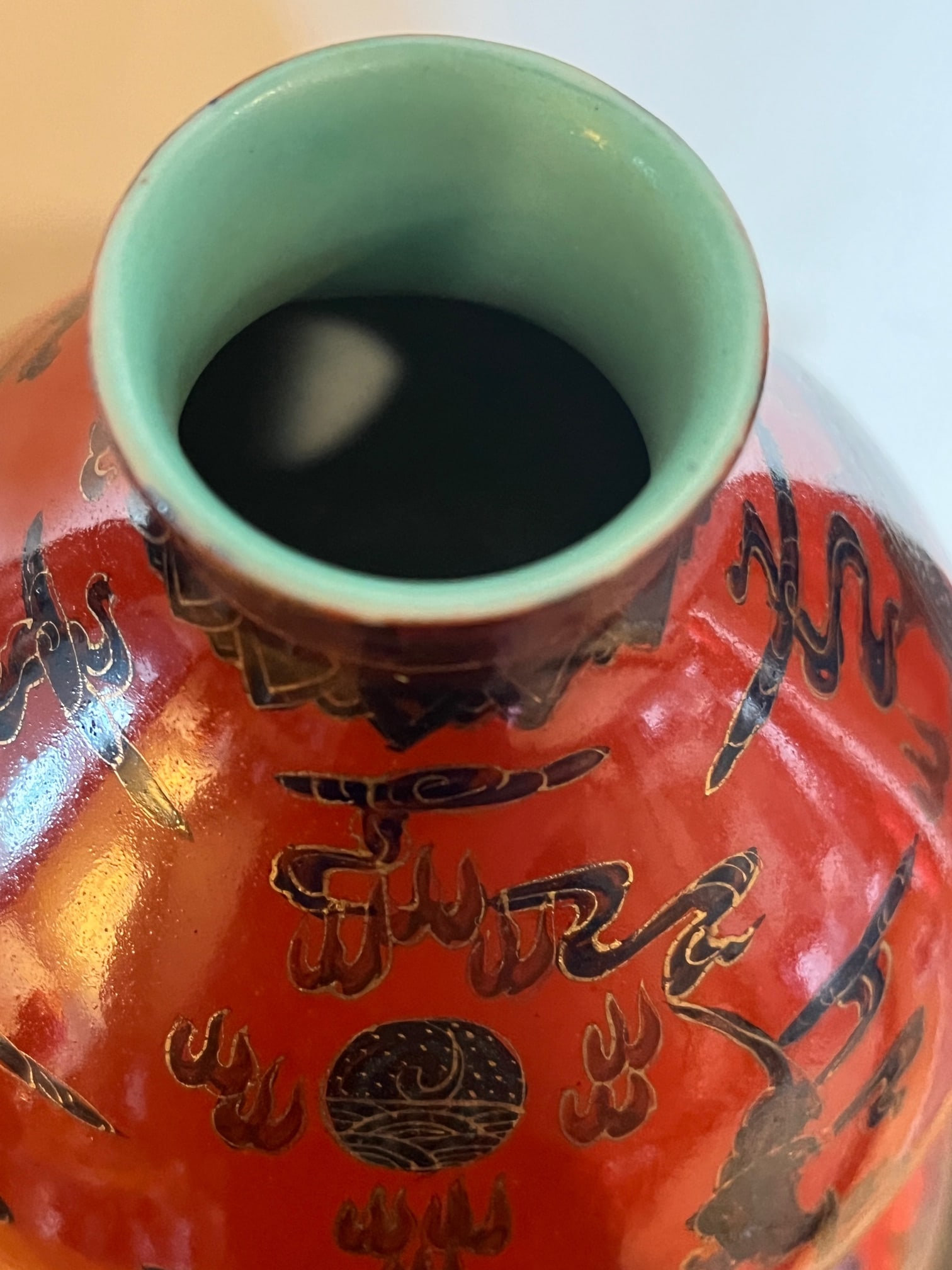 Late 20th Century Jingdezhen Chinese Double Gourd Dragon Vase - Iron Red & Gold - Boxed 12" - 12
