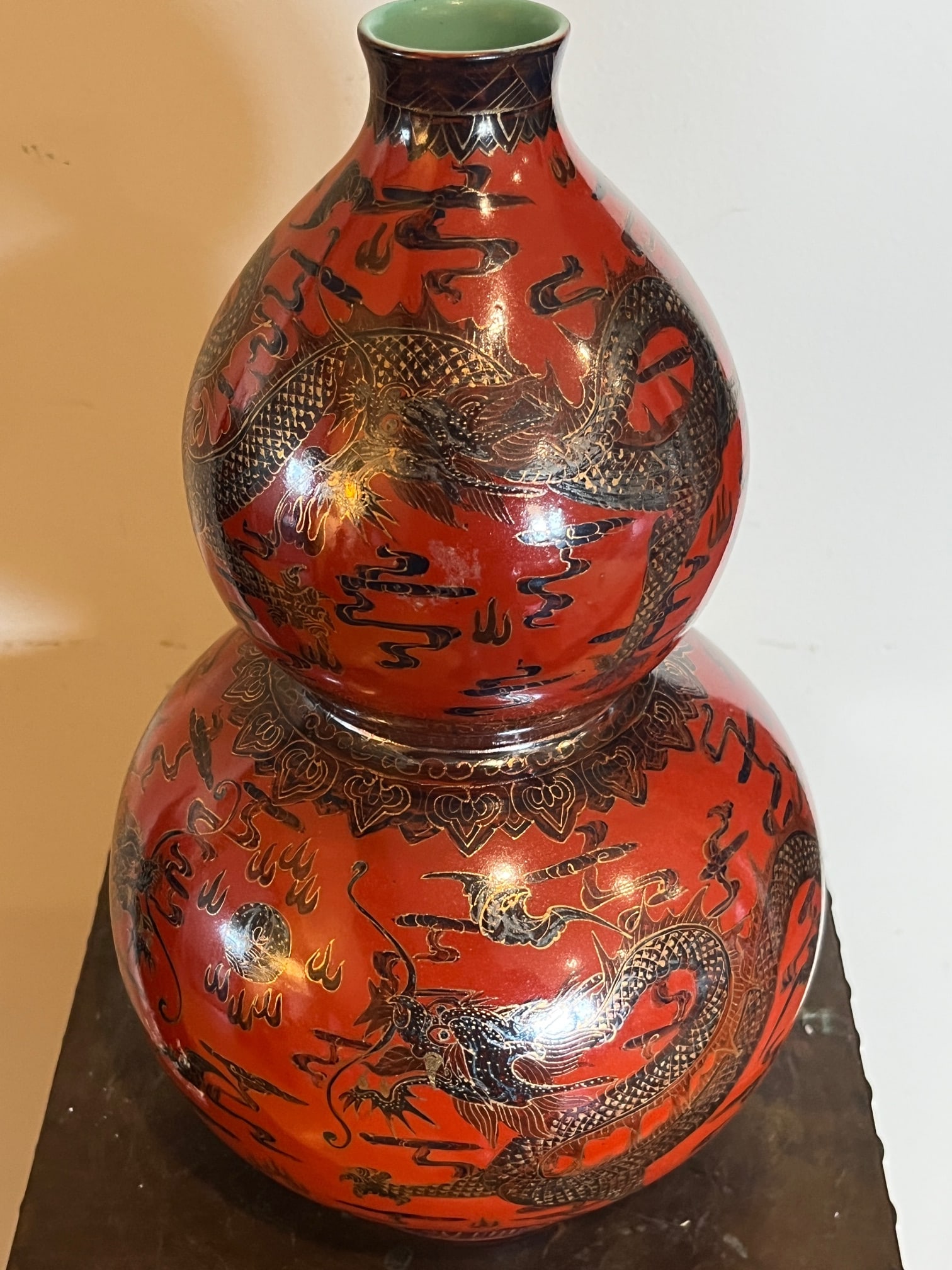 Late 20th Century Jingdezhen Chinese Double Gourd Dragon Vase - Iron Red & Gold - Boxed 12" - 13
