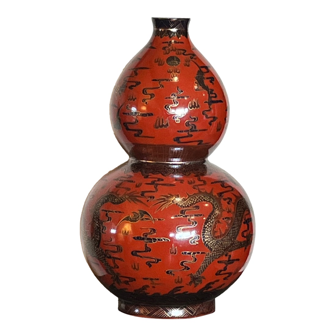 Late 20th Century Jingdezhen Chinese Double Gourd Dragon Vase - Iron Red & Gold - Boxed 12": A stunning vintage Jingdezhen Double Gourd (Hulu) Porcelain Vase, presented in its original dragon-motif silk-lined box. Standing 12 inches tall, this piece is finished in a vibrant iron-red glaze wit