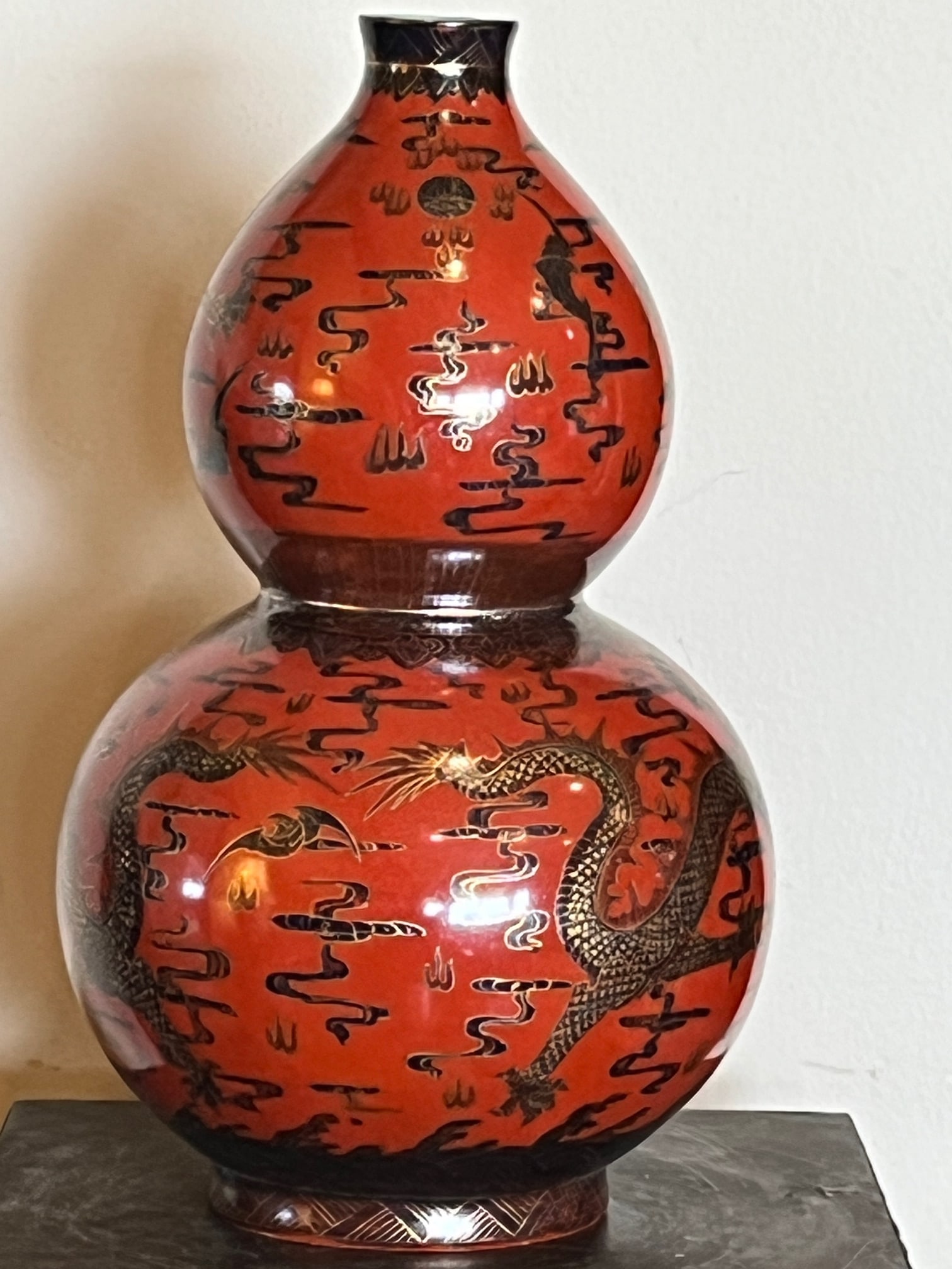 Late 20th Century Jingdezhen Chinese Double Gourd Dragon Vase - Iron Red & Gold - Boxed 12" - 3