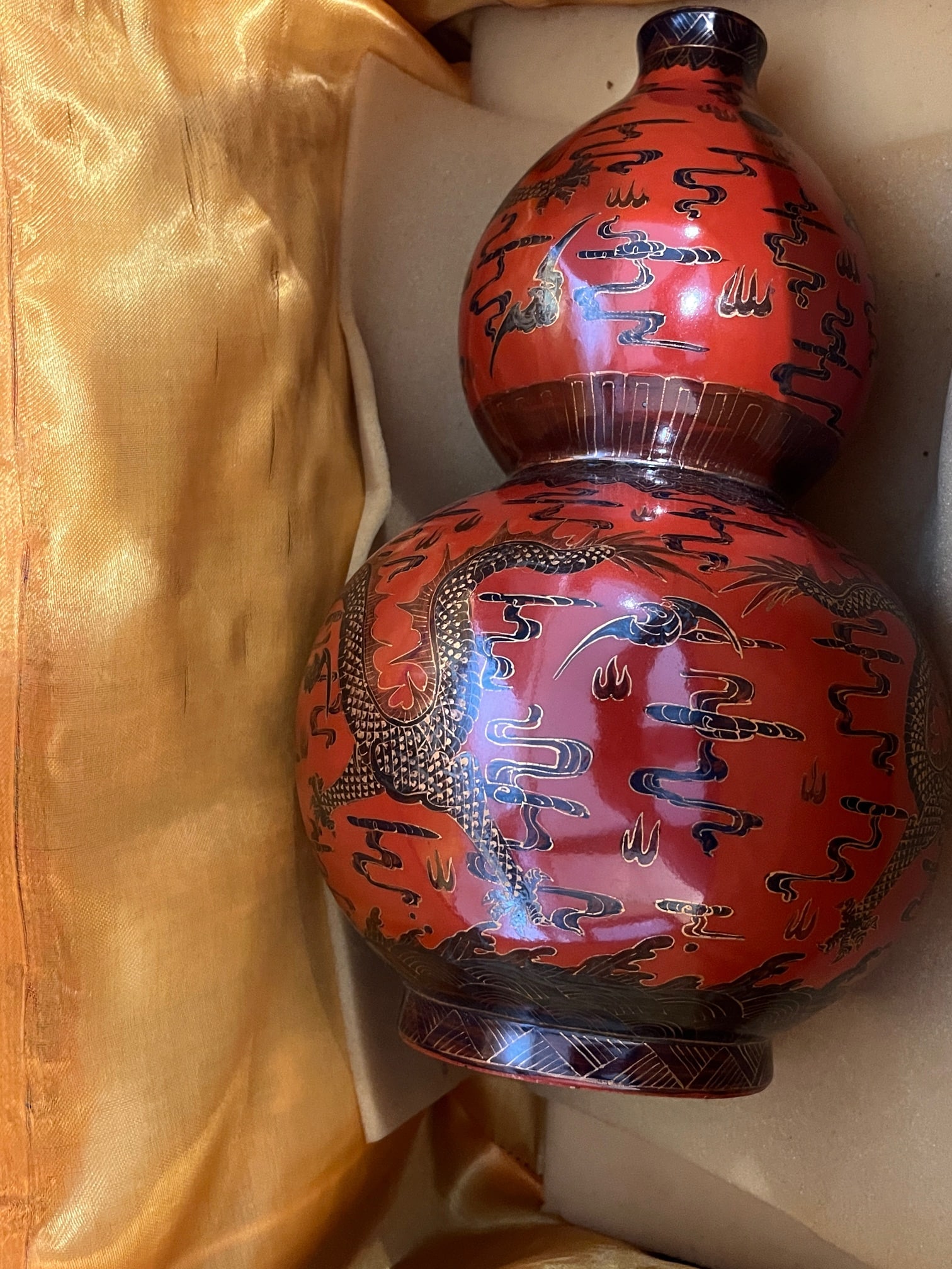 Late 20th Century Jingdezhen Chinese Double Gourd Dragon Vase - Iron Red & Gold - Boxed 12" - 4