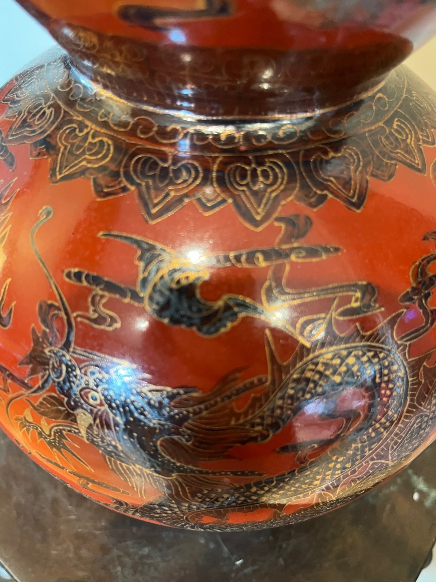 Late 20th Century Jingdezhen Chinese Double Gourd Dragon Vase - Iron Red & Gold - Boxed 12" - 8