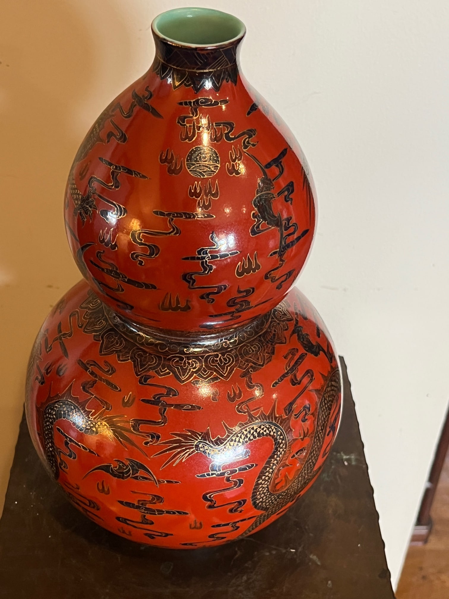 Late 20th Century Jingdezhen Chinese Double Gourd Dragon Vase - Iron Red & Gold - Boxed 12" - 9