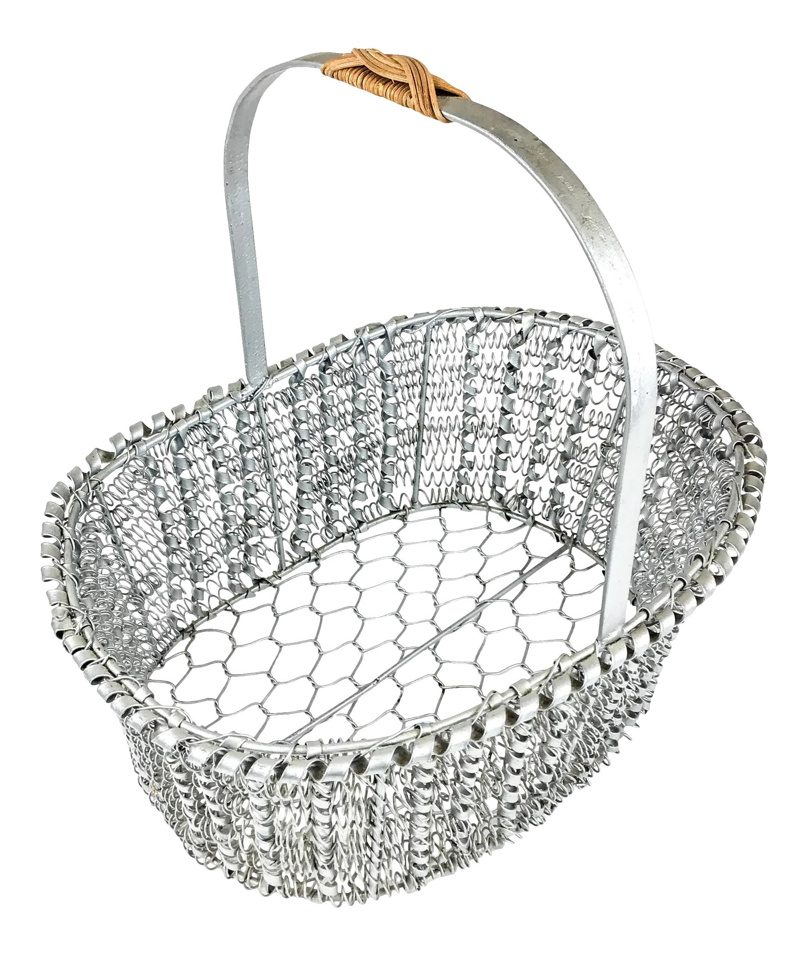 90s Artisan Silver Tone Zinc Top Handle Egg Basket: Super cool and unique basket just because. We adore baskets. This one is heavy duty and will certainly protect anything you place inside. Nothing lose and upon closer examination we find everything