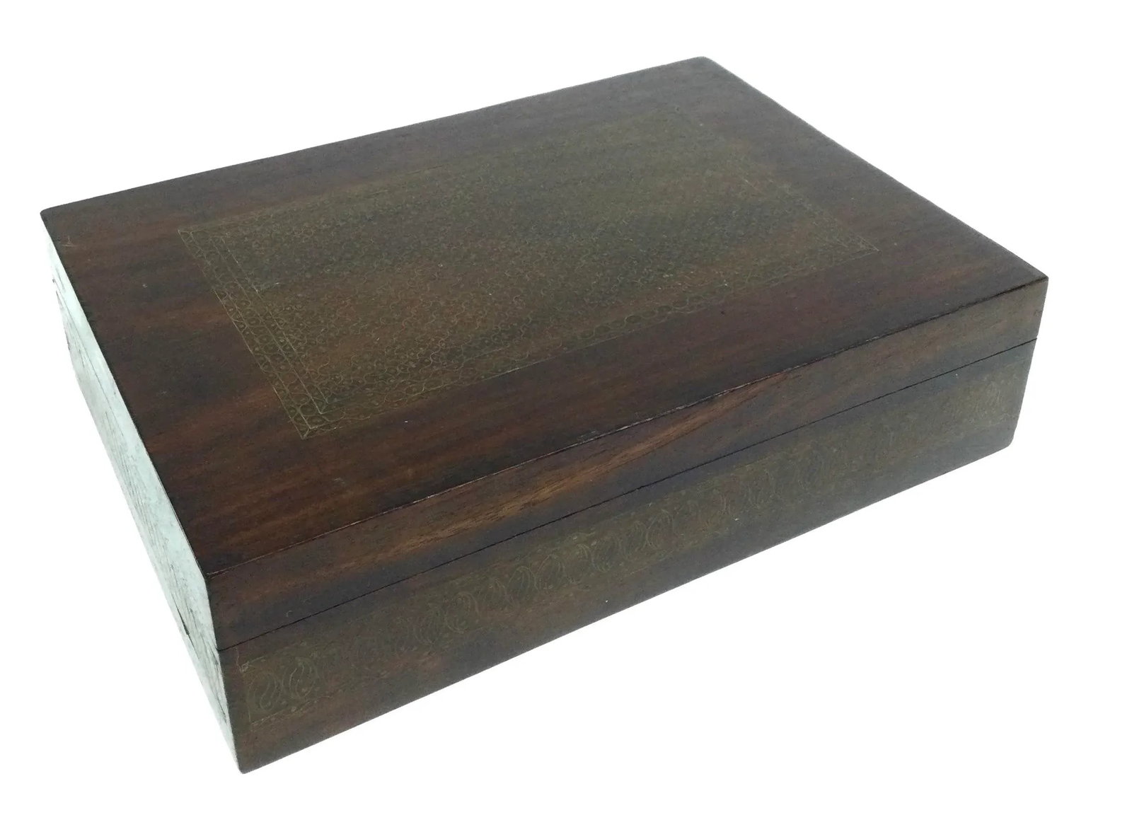 Vintage Large Mahogany Brass Inlaid Treasure Jewelry Box - 13