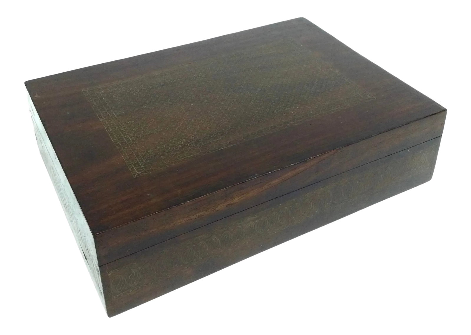 Vintage Large Mahogany Brass Inlaid Treasure Jewelry Box: Intricate details of super thin brass threads inlaid into the entire box. The lid fits perfectly tight and the hinges are elegantly hidden. The lid sits upright when opening letting you have easy acce
