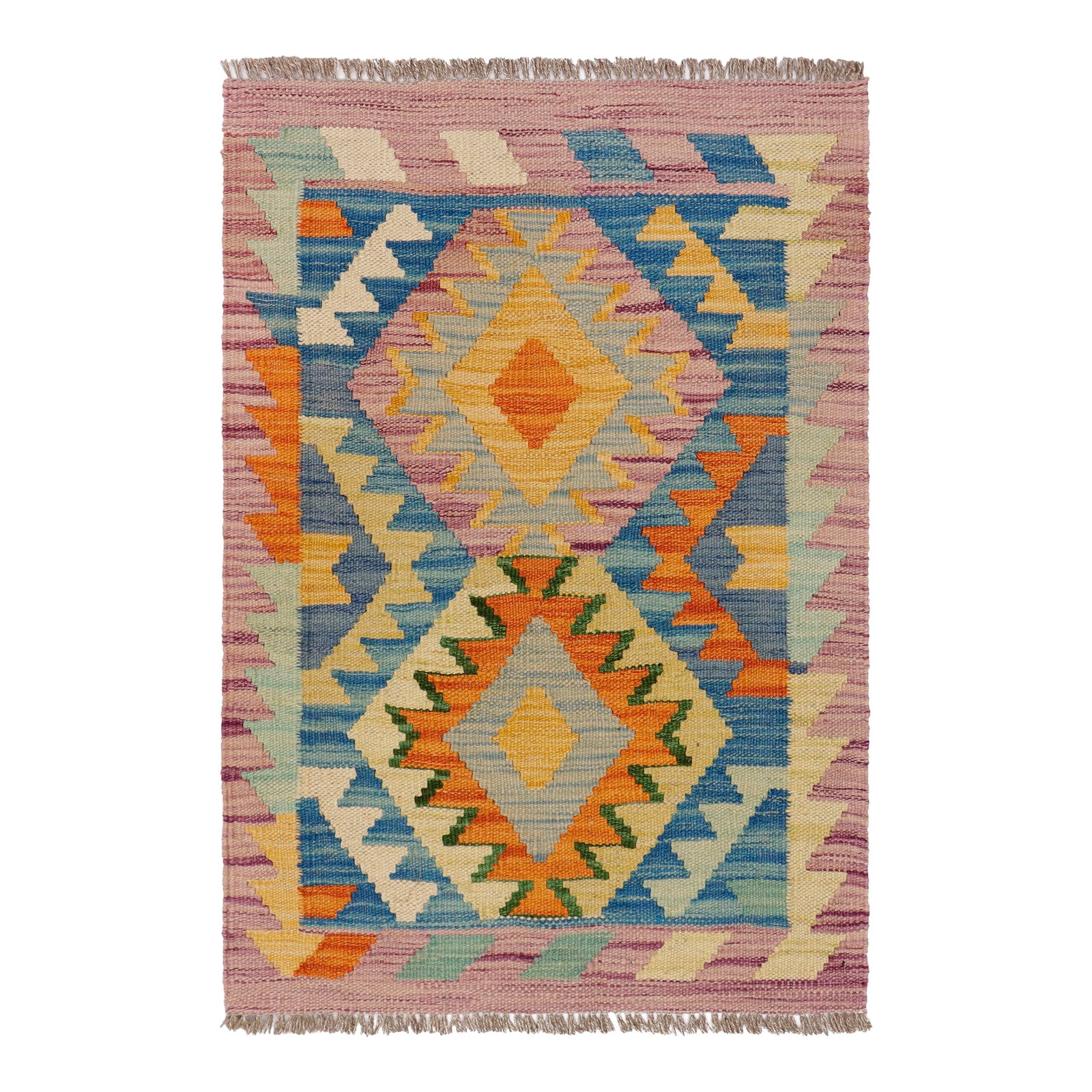 Rustic Turkish Kilim Purple Beige Hand-Woven Wool Rug: Elevate the elegance of your home with this stunning hand-woven tribal Kilim wool rug. Meticulously crafted on a loom by the Nomad Turkman people using hand-spun wool and 100% natural vegetable dyes,