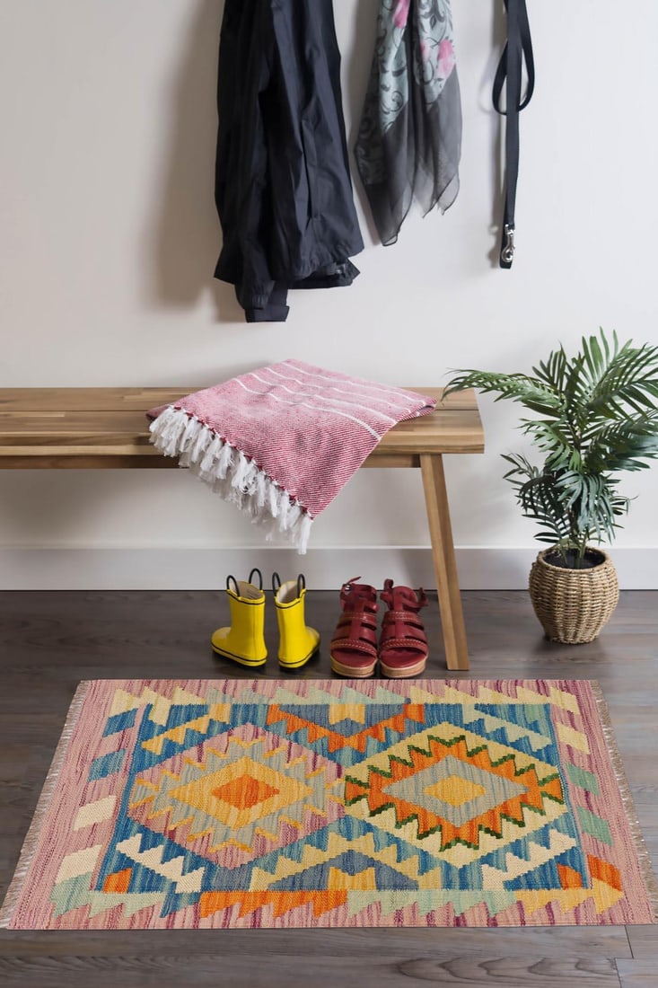Rustic Turkish Kilim Purple Beige Hand-Woven Wool Rug - 2