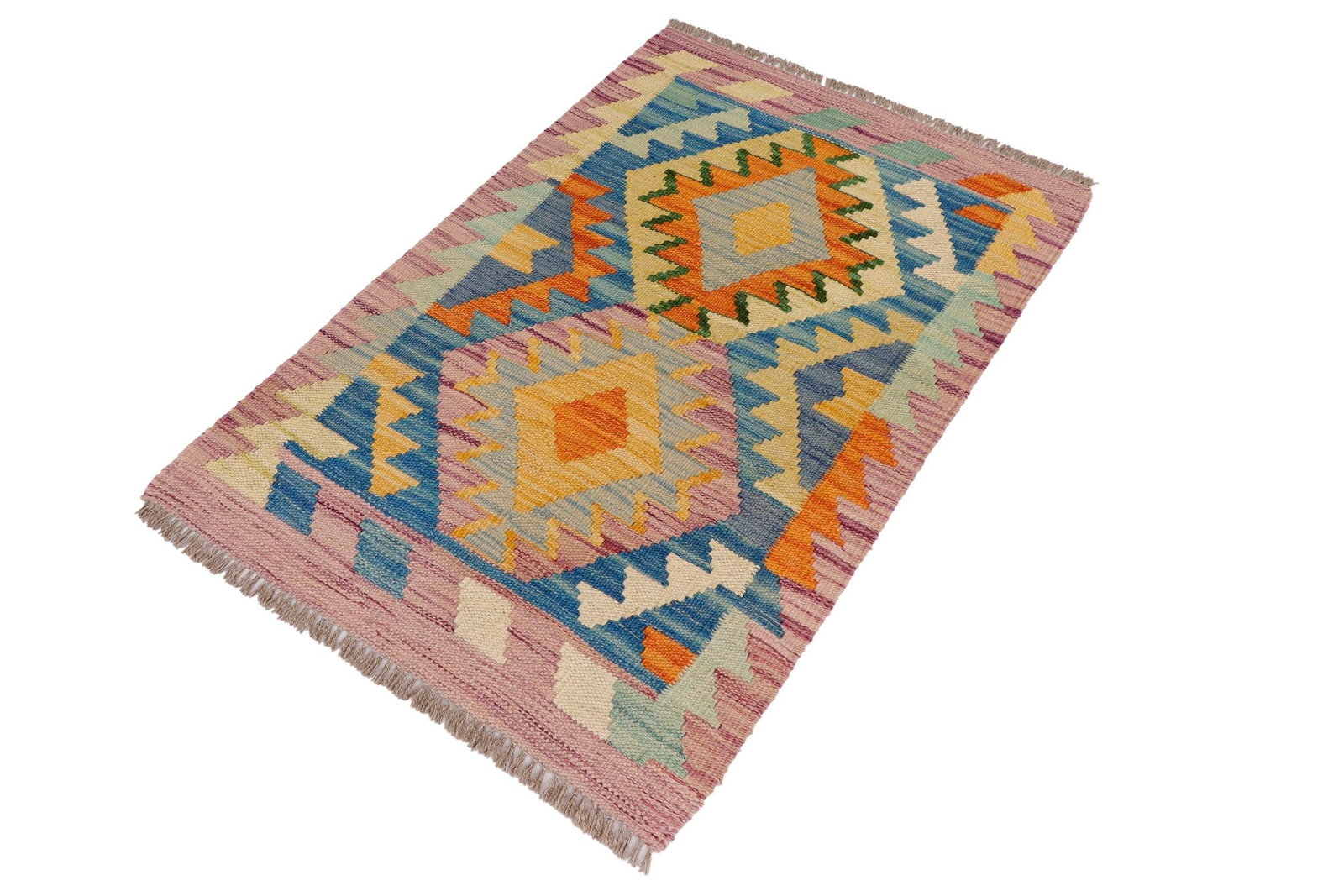 Rustic Turkish Kilim Purple Beige Hand-Woven Wool Rug - 3