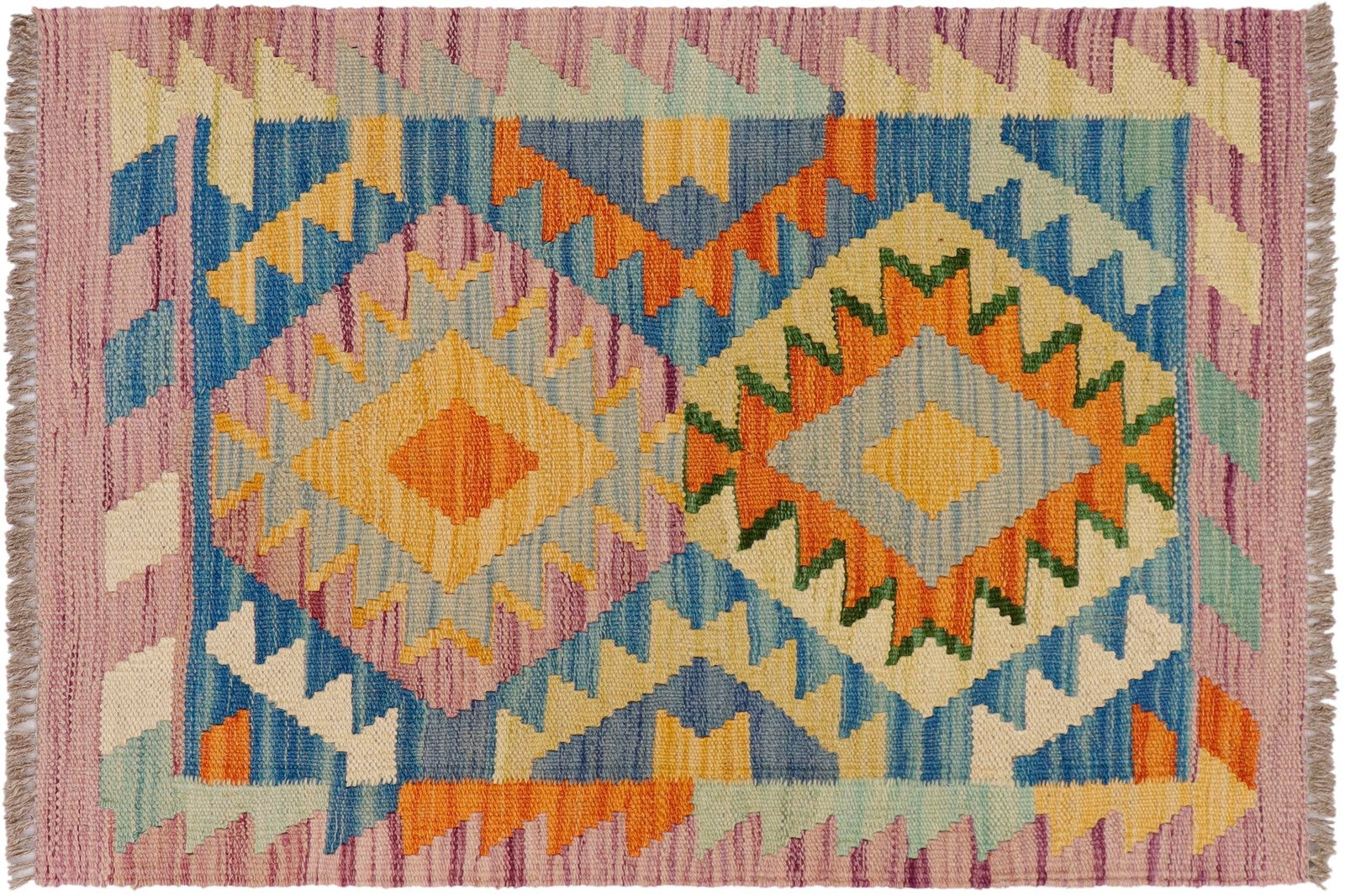 Rustic Turkish Kilim Purple Beige Hand-Woven Wool Rug - 9