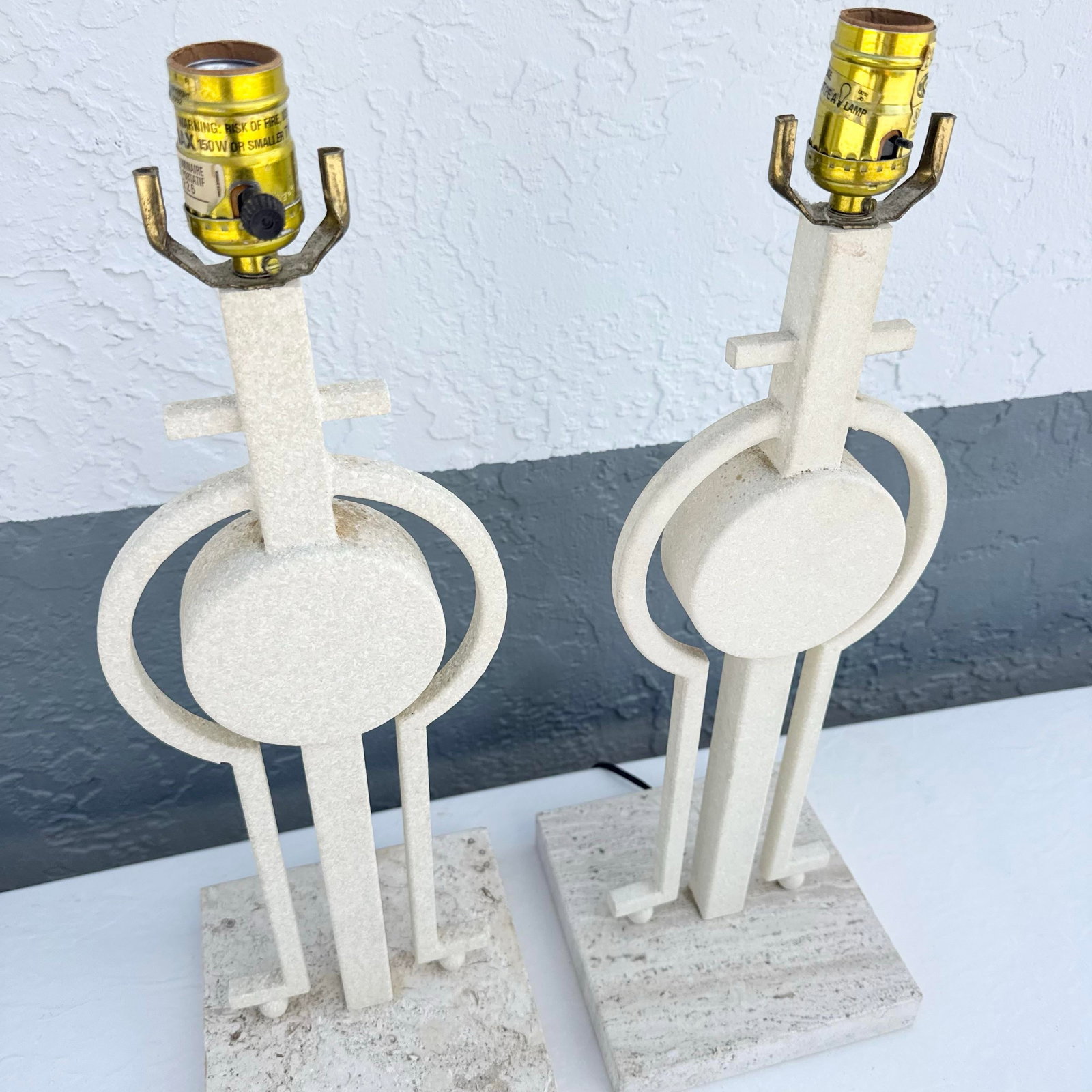 Mid Century Modern Sculptural Lamps on Travertine - A Pair - 2