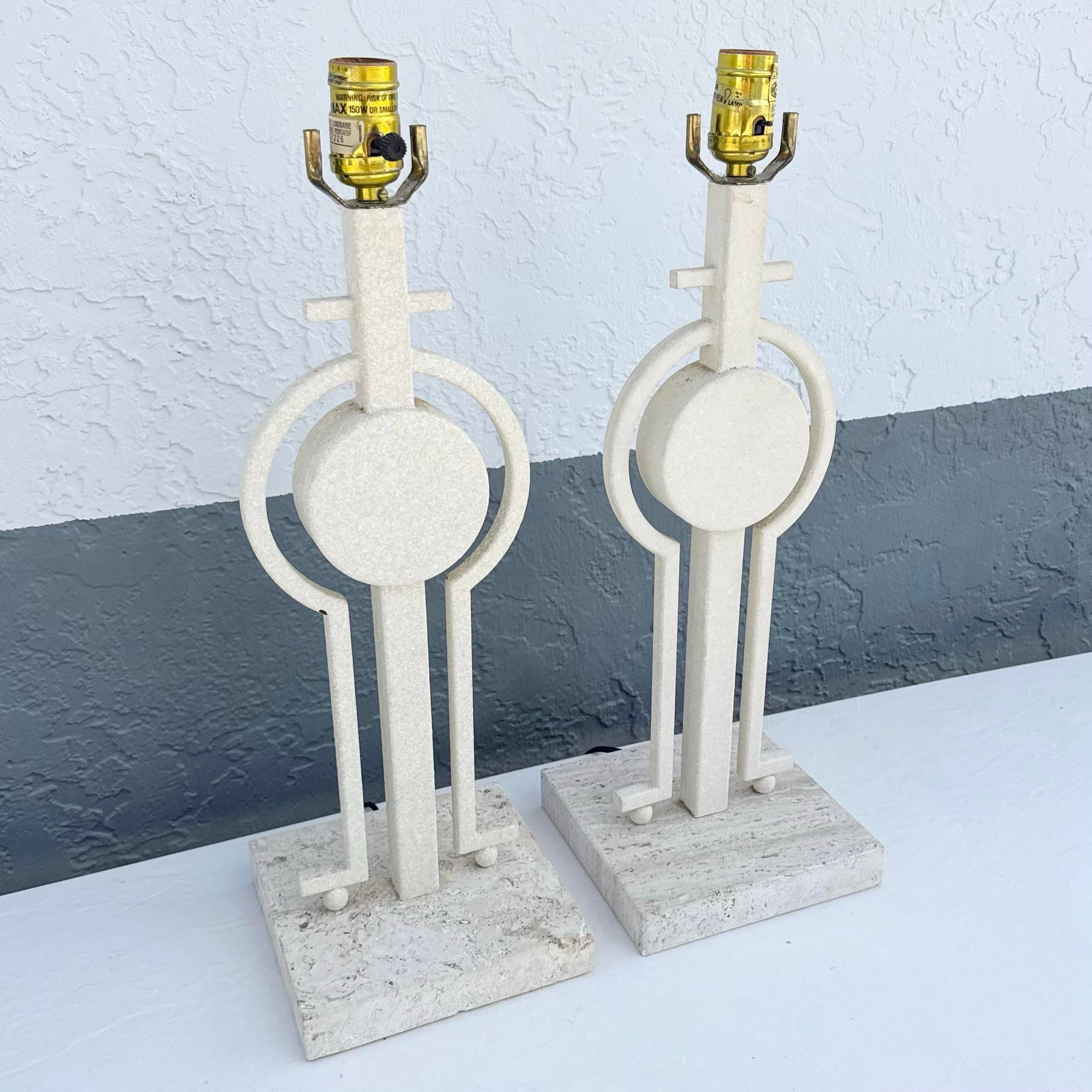 Mid Century Modern Sculptural Lamps on Travertine - A Pair - 3