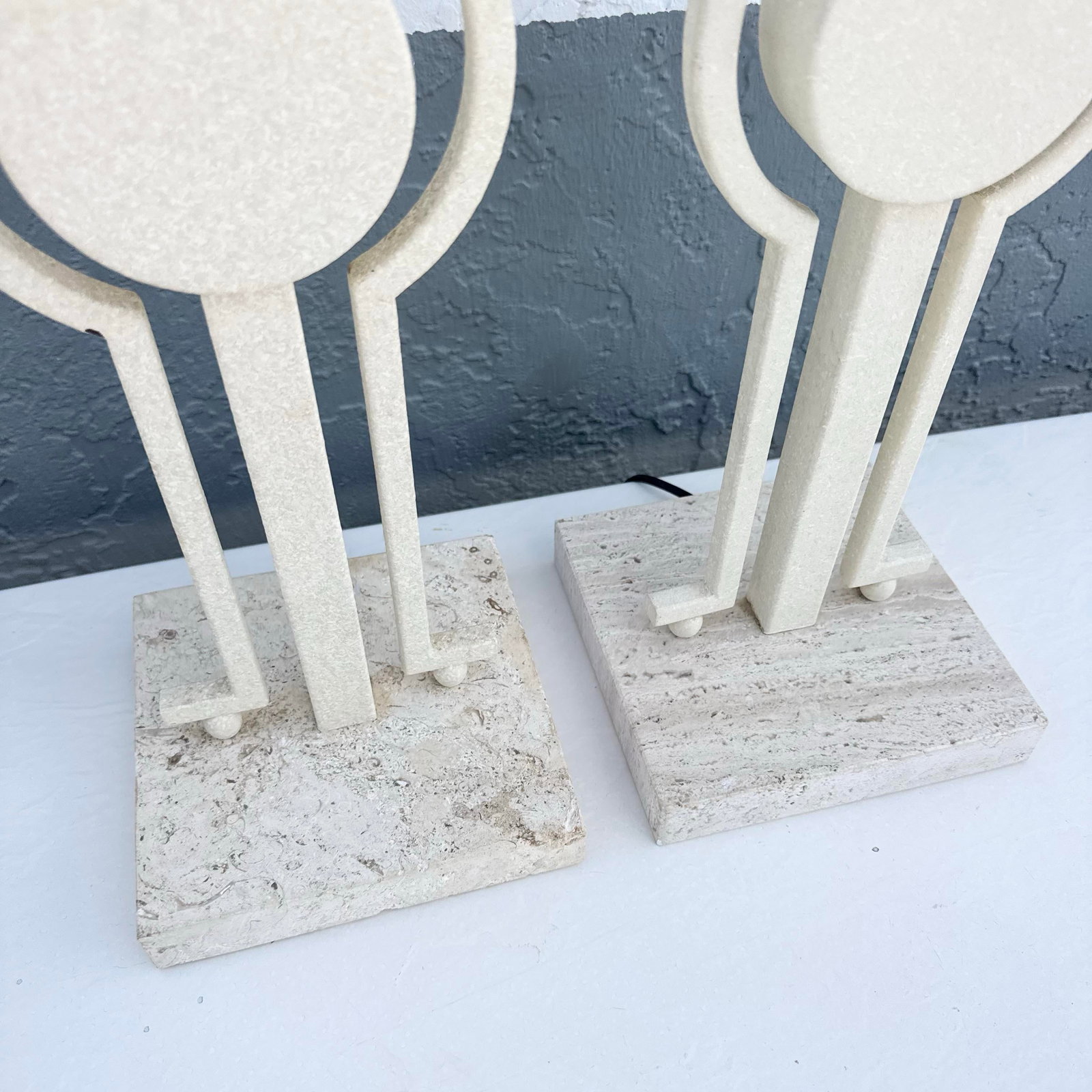 Mid Century Modern Sculptural Lamps on Travertine - A Pair - 4