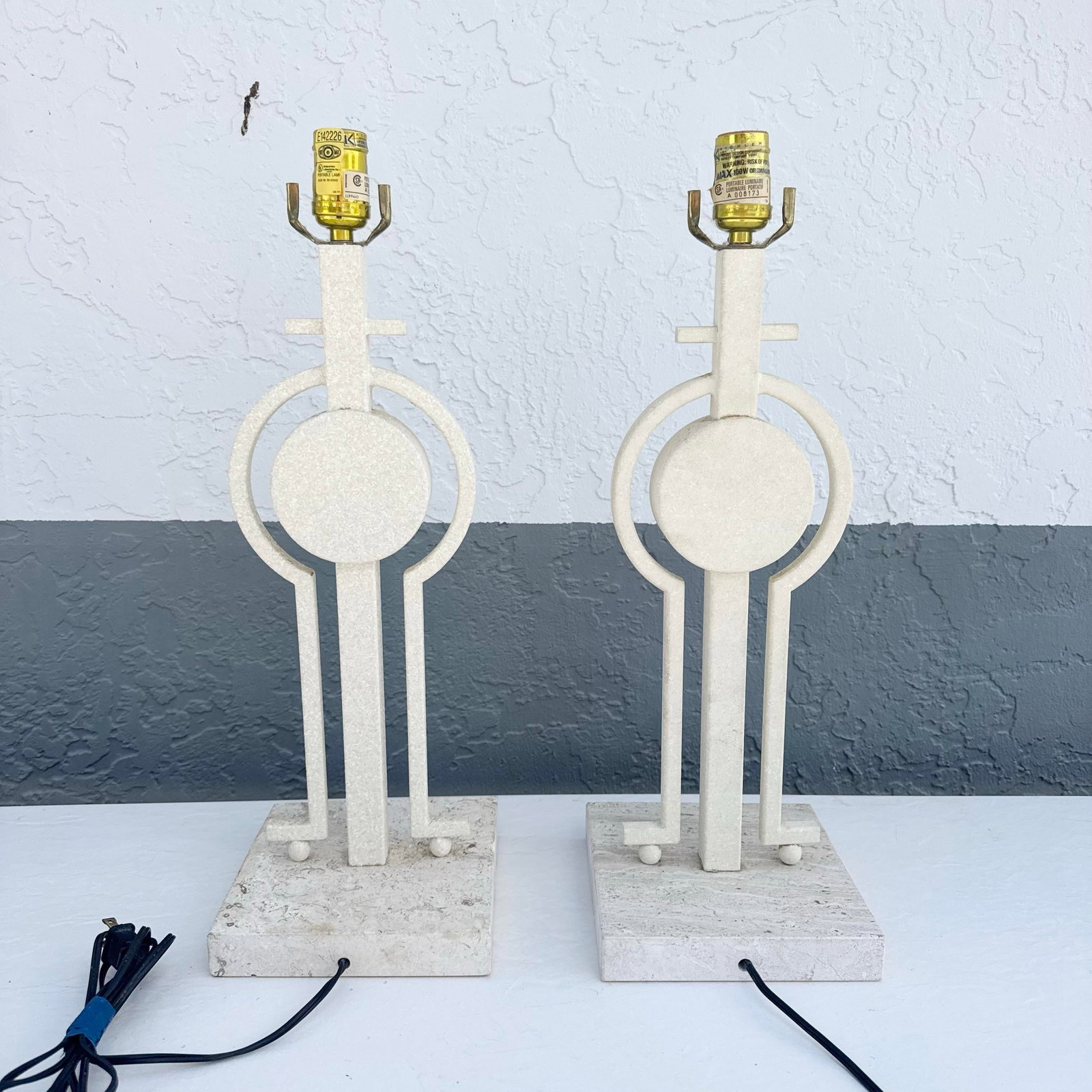 Mid Century Modern Sculptural Lamps on Travertine - A Pair - 6