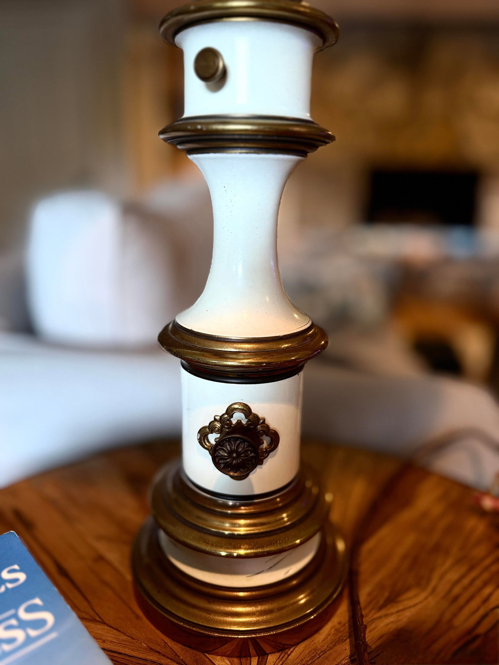 Vintage Stiffel Cream Enamel and Brass Lamp With Floral Lampshade - 2