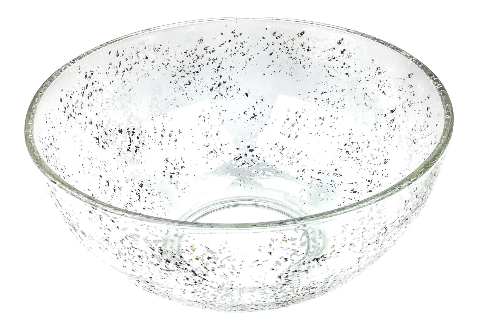 1990s Large Glass Spattered Design All Purpose Bowl: Probably made by the West Virginia glass company, this large bowl has been created with clear glass and the outside has been splattered with black, gold and white paint. The gold has been mostly