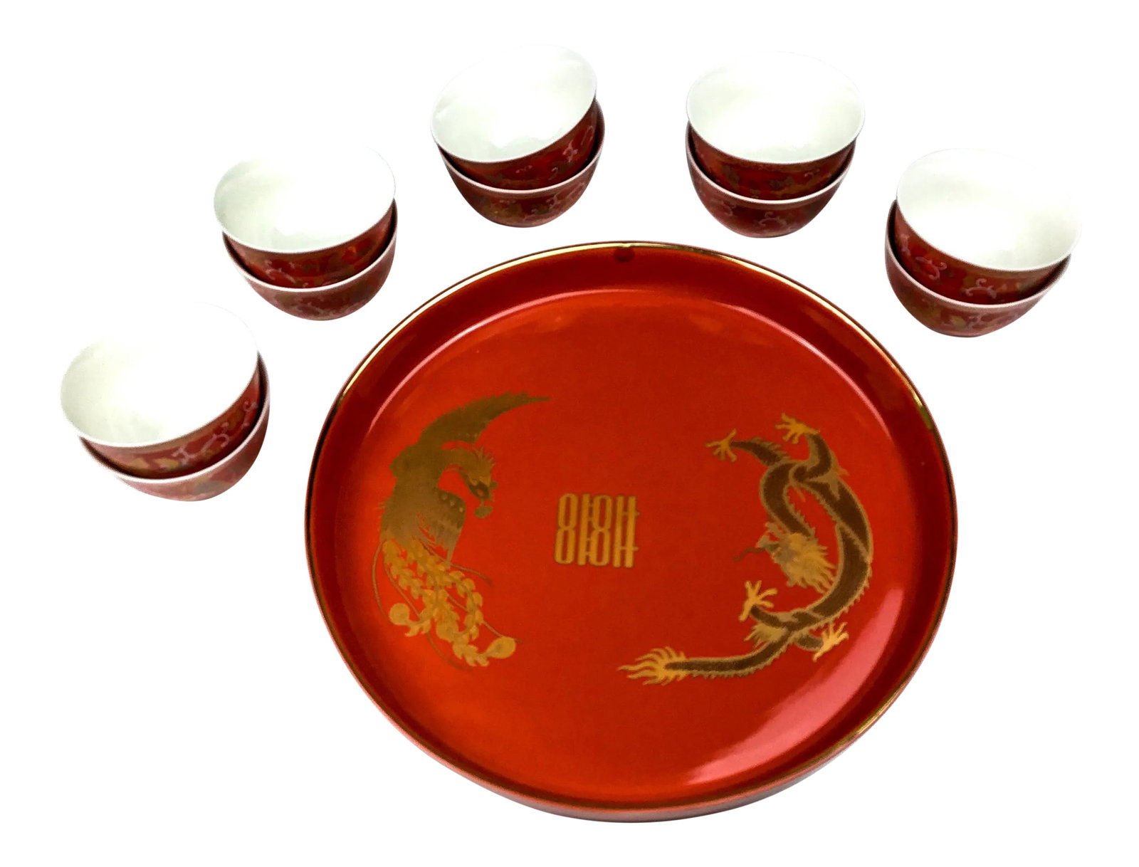 Vintage Arita Japanese Cinnabar Red and Gold Overlay Porcelain Wedding Tea Set: Stunning and bright red. This gorgeous Dragon and Phoenix porcelain tray comes with 10 small wine or tea cups. Stored away for decades and is in perfect pristine condition. Gift-worthy indeed. Each