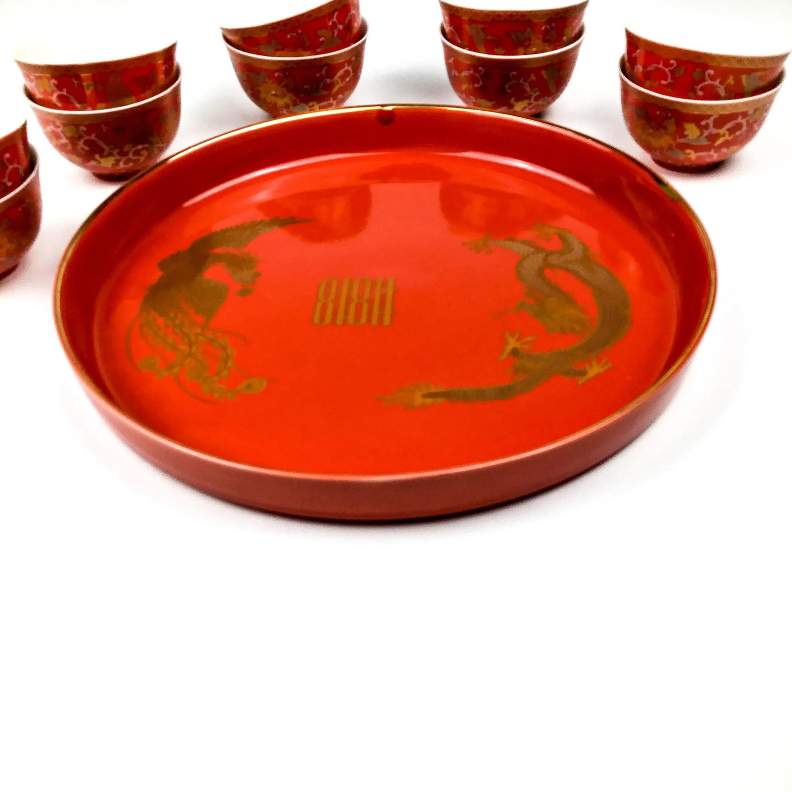 Vintage Arita Japanese Cinnabar Red and Gold Overlay Porcelain Wedding Tea Set - 9