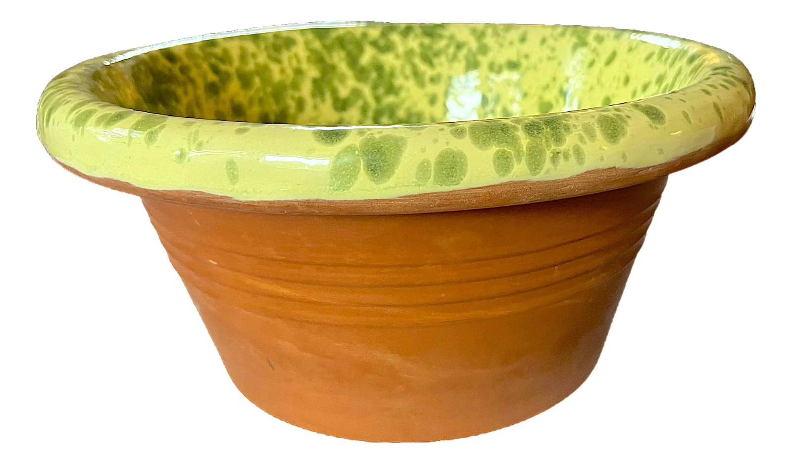 Italian Puglian Terracotta Passata Bowl "Schizzato" Splatterware Bowl in the Style of Cabana: Handcrafted in Puglia, Italy, this striking terracotta bowl, known as a Passata Bowl, embodies the joyful, sun-drenched spirit of Southern Italian ceramics. Finished in a vibrant chartreuse glaze