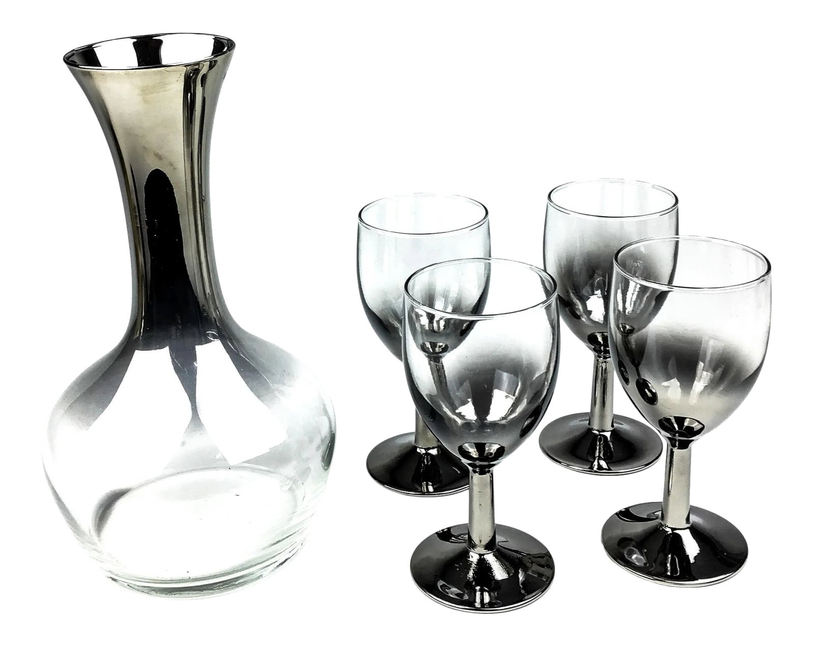 Dorothy Thorpe Style Silver Rimmed Decanter & Glasses - Set of 5: Very cool set of ombre silver and clear glass mercury mirrored decanter and stemware. This set is in very good condition for the age and looks as if it has been stored away for decades. Glasses are