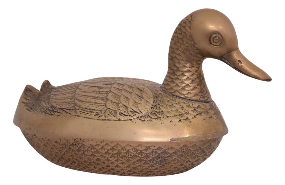 Midcentury 10" Brass Duck Box: Midcentury large ten inch finely detailed solid cast brass duck box or covered centerpiece bowl with very light wear and natural patina. Labeled underside "Leonard". Condition: Alterations: Original