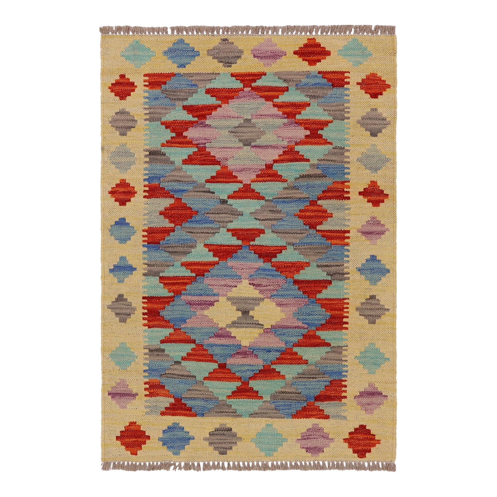 Bohemian Turkish Kilim Gold Rust Hand-Woven Wool Rug: Elevate the elegance of your home with this stunning hand-woven tribal Kilim wool rug. Meticulously crafted on a loom by the Nomad Turkman people using hand-spun wool and 100% natural vegetable dyes,