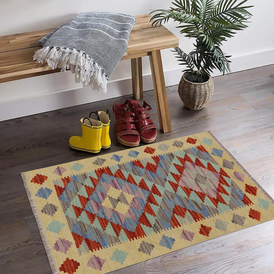 Bohemian Turkish Kilim Gold Rust Hand-Woven Wool Rug - 2