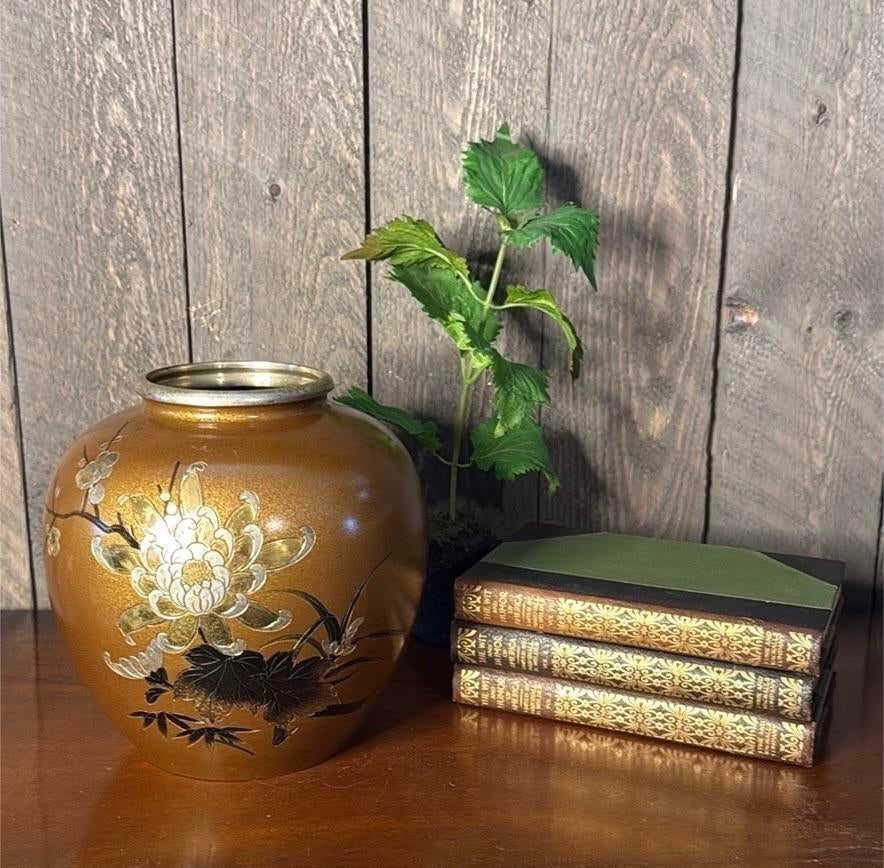 Mid 20th Century Japanese Mixed Metal Floral Vase, Gold Aventurine Ground, Signed, 8" - 12