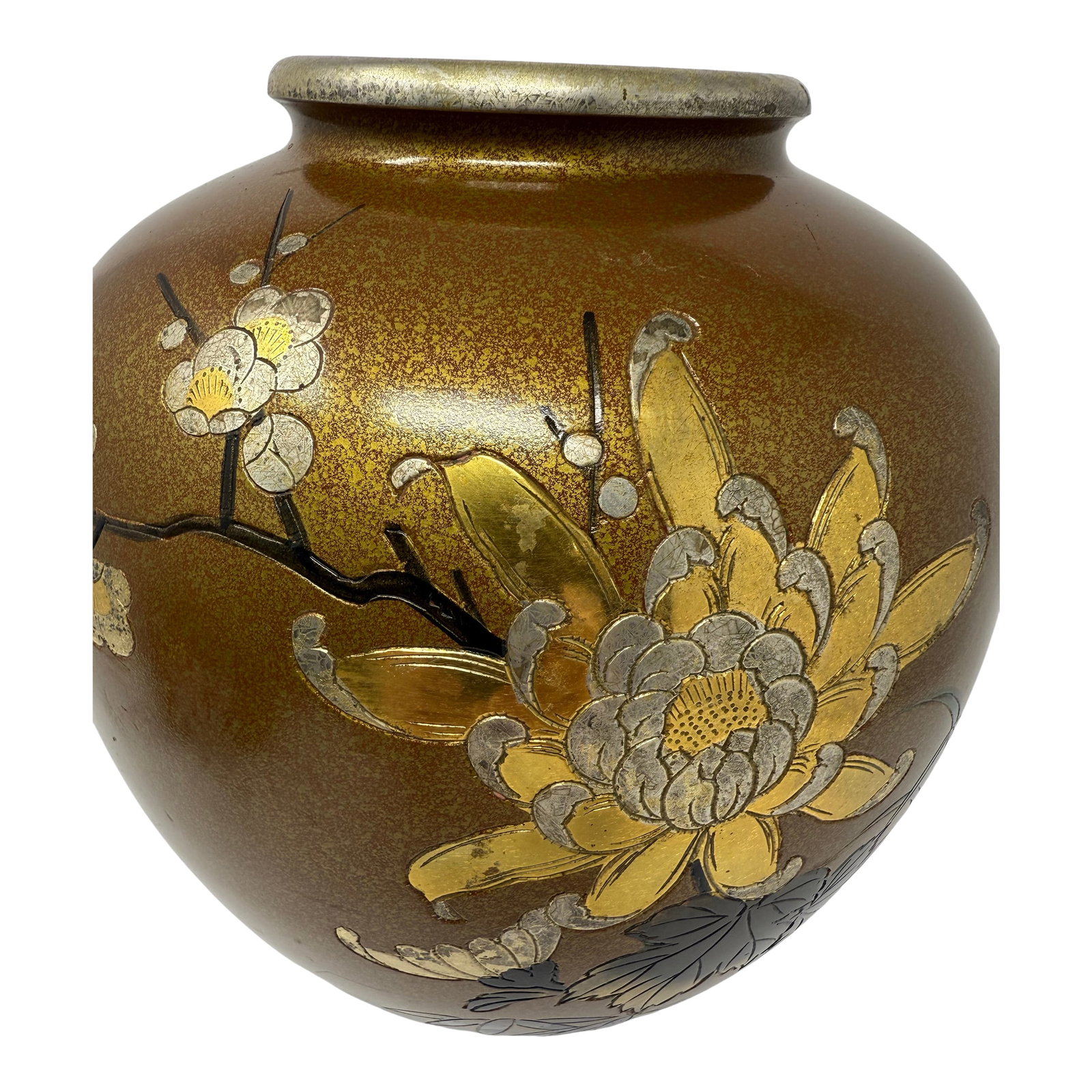 Mid 20th Century Japanese Mixed Metal Floral Vase, Gold Aventurine Ground, Signed, 8": A luminous gold-ground vase with delicate floral relief-an effortless statement in any curated vignette. A richly toned Japanese-style vase featuring a warm gold aventurine ground with applied floral