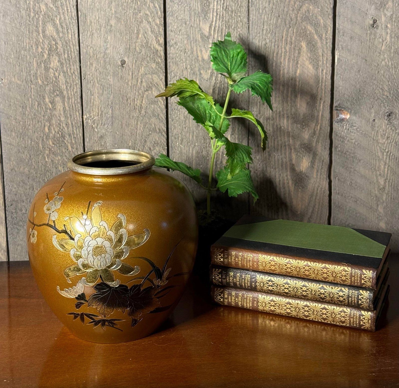 Mid 20th Century Japanese Mixed Metal Floral Vase, Gold Aventurine Ground, Signed, 8" - 2