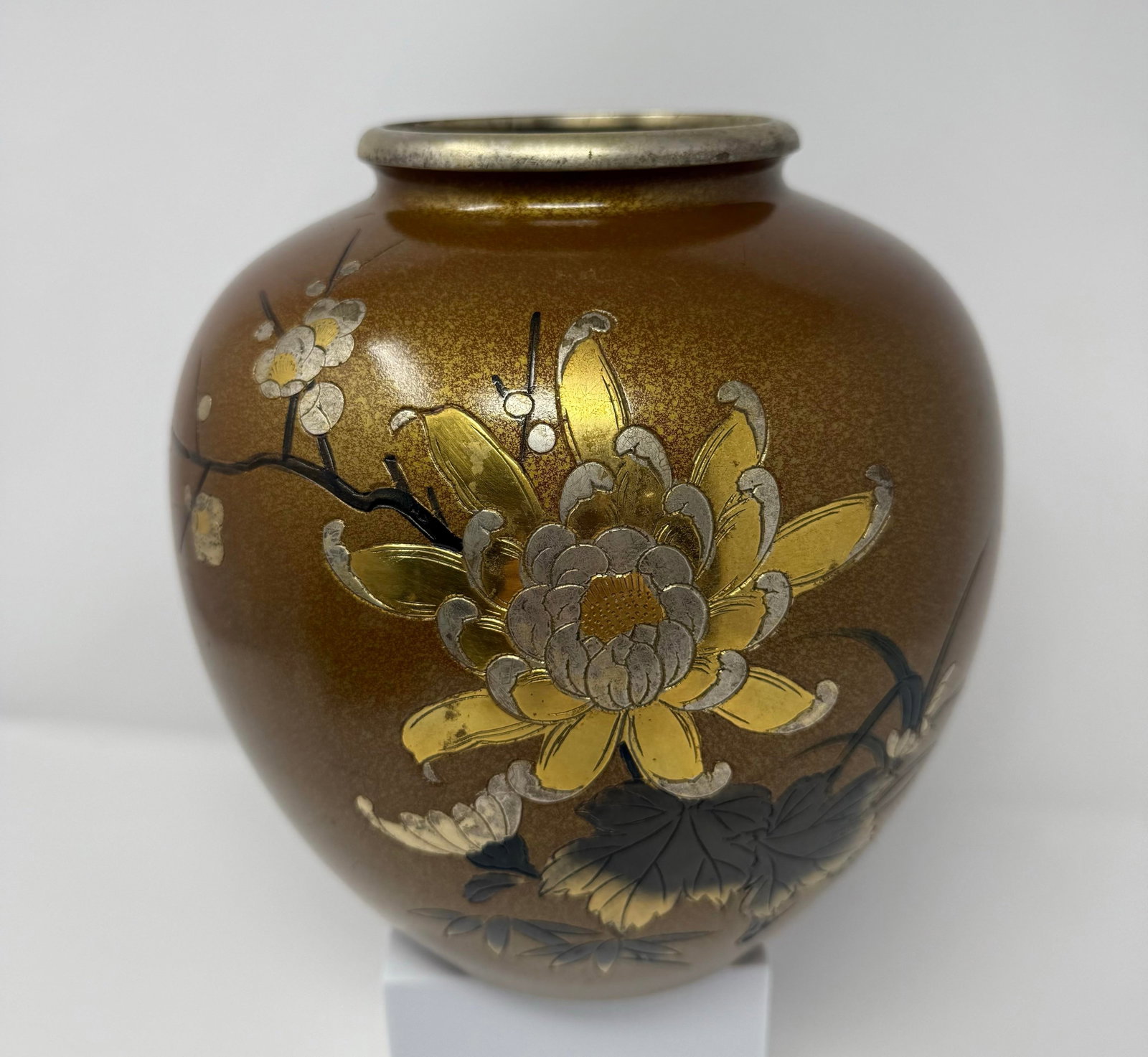 Mid 20th Century Japanese Mixed Metal Floral Vase, Gold Aventurine Ground, Signed, 8" - 5