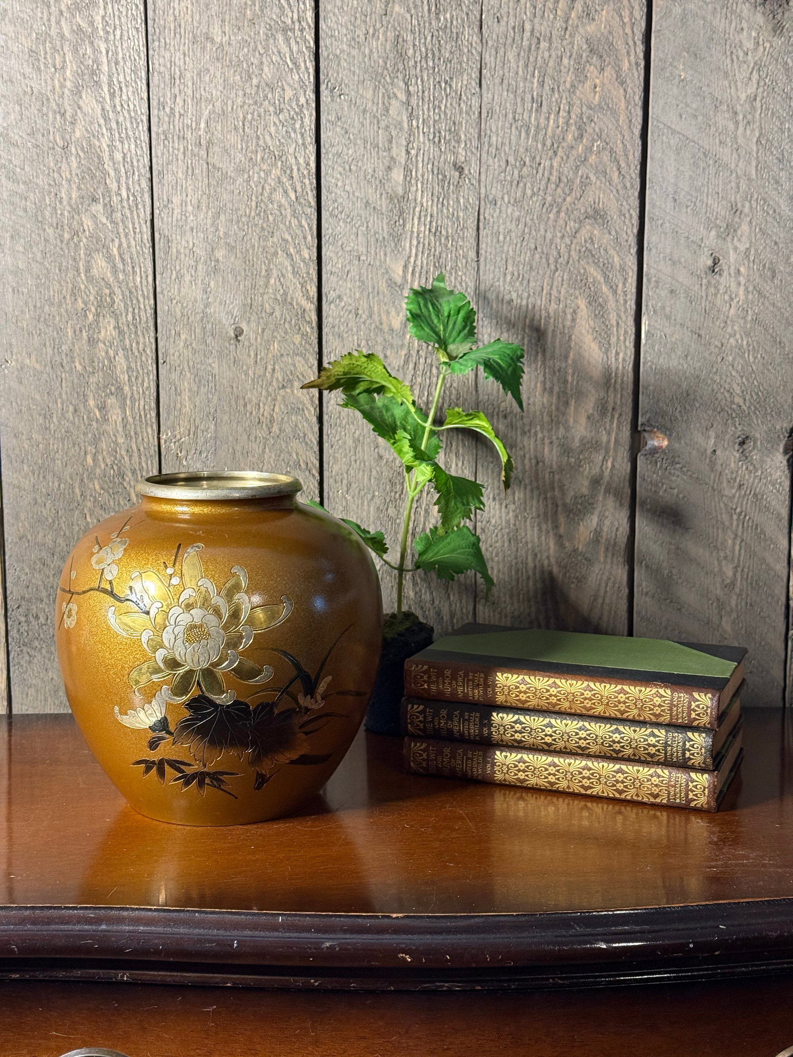 Mid 20th Century Japanese Mixed Metal Floral Vase, Gold Aventurine Ground, Signed, 8" - 8