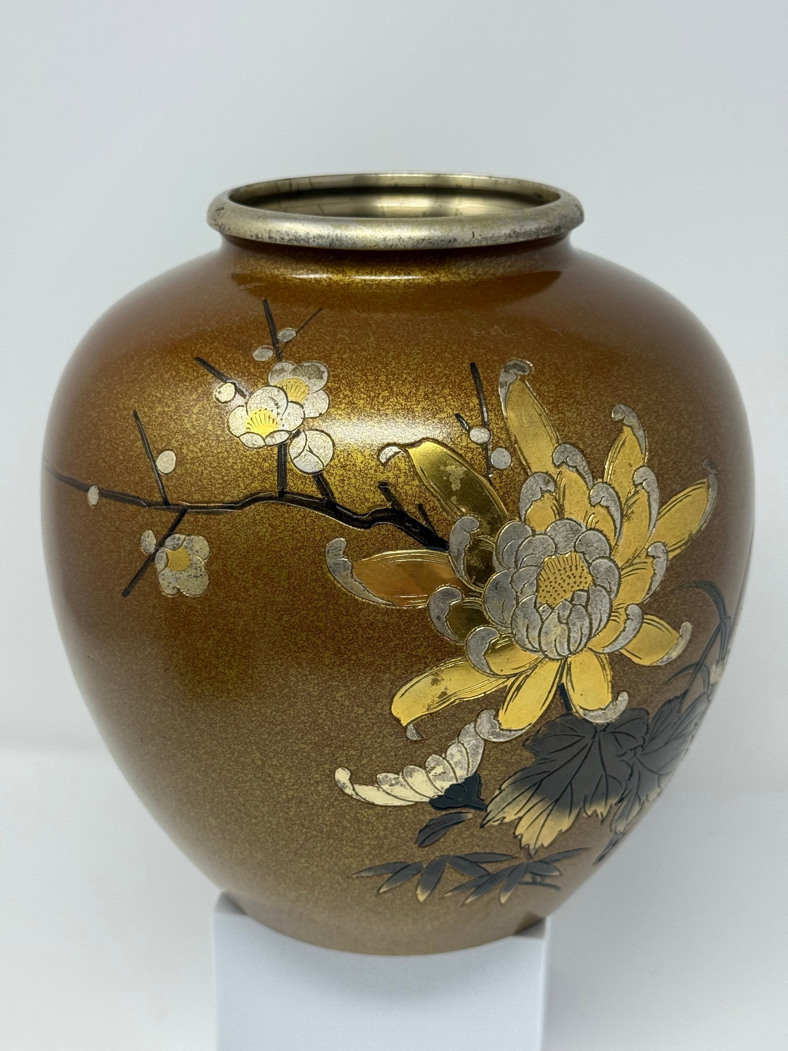 Mid 20th Century Japanese Mixed Metal Floral Vase, Gold Aventurine Ground, Signed, 8" - 9