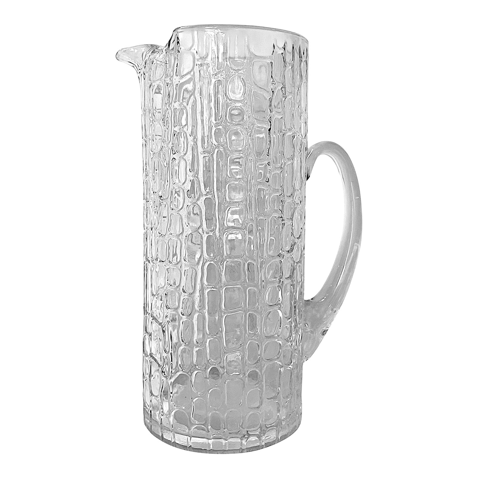 Vintage Textured Glass Pitcher in the Style of Gucci | Crocodile Embossed Ice Bucket Barware Aesthet: Striking vintage clear art glass pitcher featuring an allover embossed crocodile or reptile-inspired texture that immediately recalls the glamorous Italian luxury aesthetic of 1970s-1980s Gucci Home