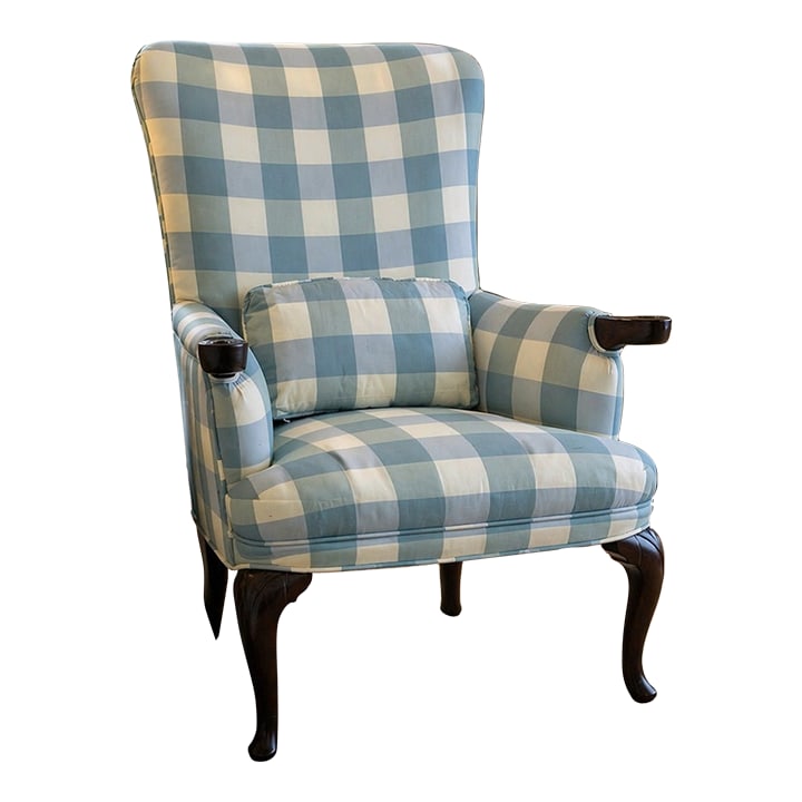 Antique Armchair | Lee Jofa Silk Upholstery: Beautiful antique armchair, newly refinished and professionally reupholstered. Covered in Lee Jofa silk fabric in a soft blue and ivory check for a timeless, designer look. Elegant high-back silhouett
