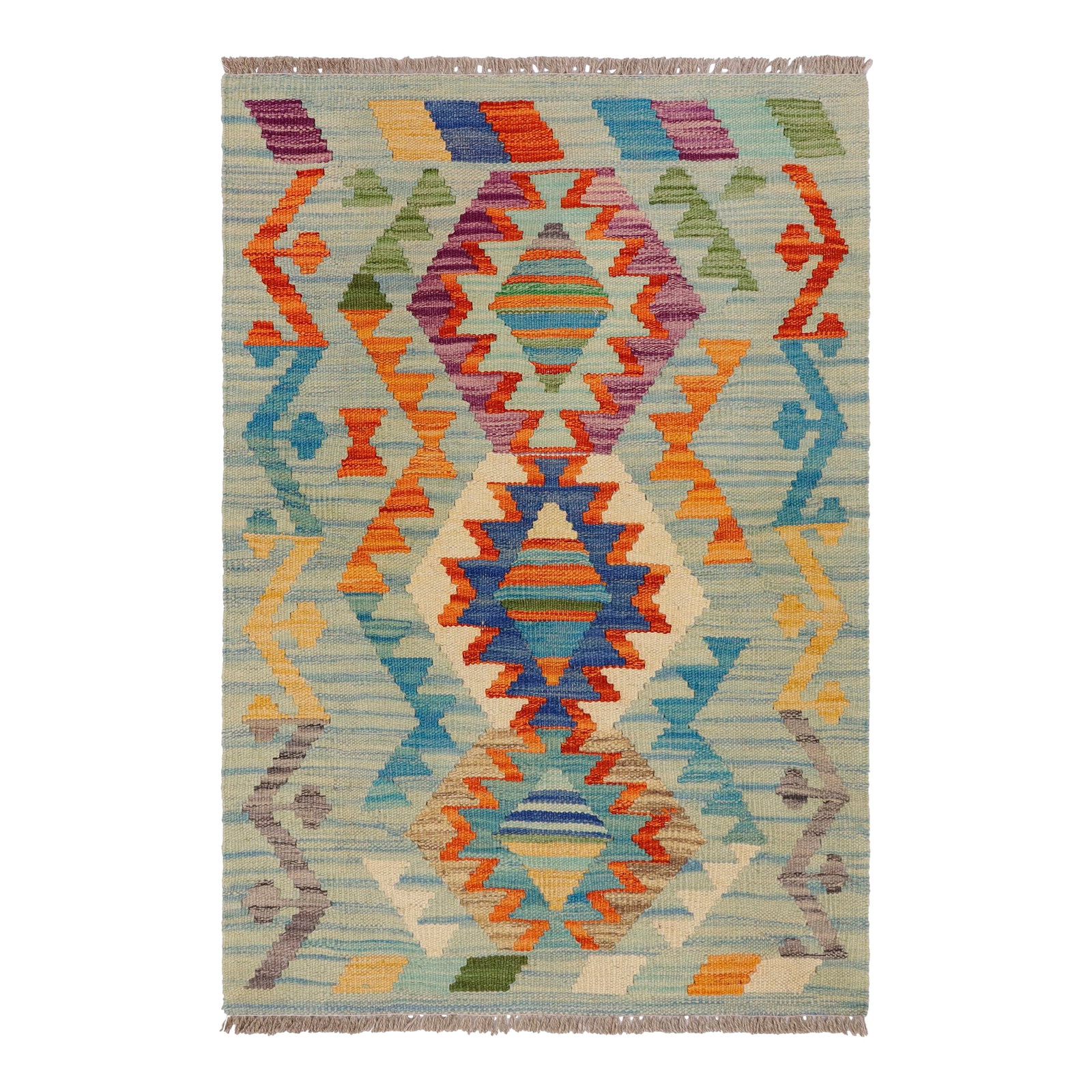 Southwestern Kilim Blue Beige Hand-Woven Wool Rug 2'0'' X 3'1'': Elevate the elegance of your home with this stunning hand-woven tribal Kilim wool rug. Meticulously crafted on a loom by the Nomad Turkman people using hand-spun wool and 100% natural vegetable dyes,