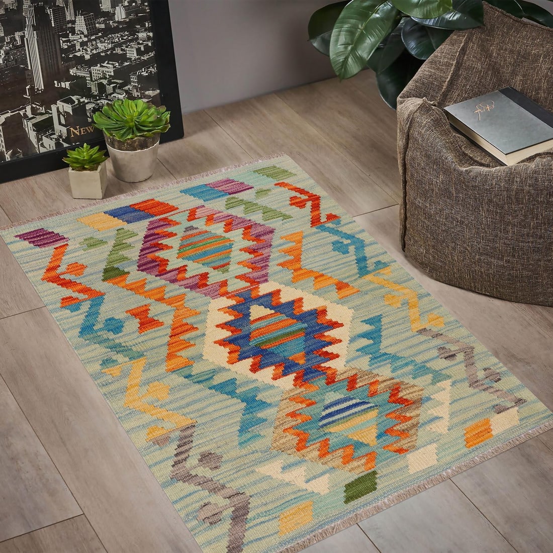 Southwestern Kilim Blue Beige Hand-Woven Wool Rug 2'0'' X 3'1'' - 2