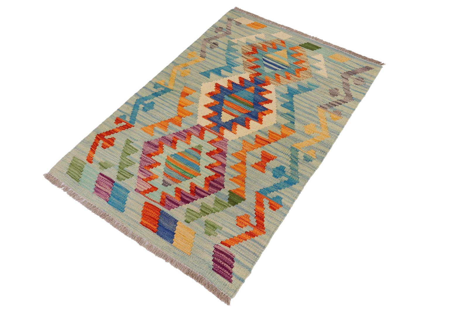 Southwestern Kilim Blue Beige Hand-Woven Wool Rug 2'0'' X 3'1'' - 3