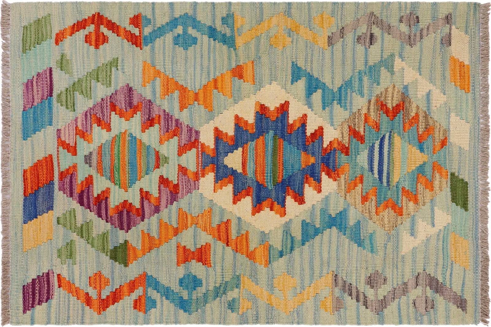 Southwestern Kilim Blue Beige Hand-Woven Wool Rug 2'0'' X 3'1'' - 9