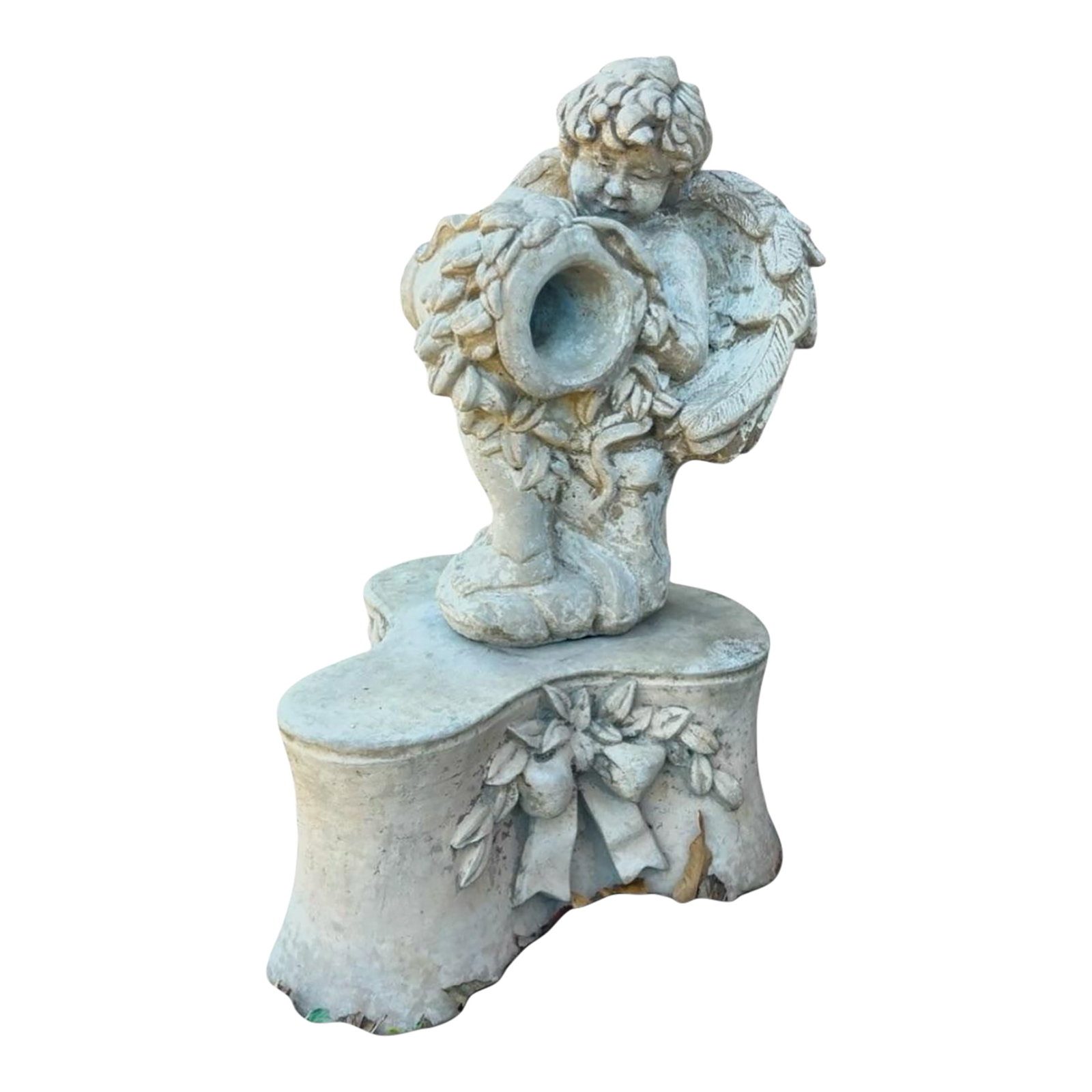 Late 20th Century Cast Stone Garden Fountain Statue Pedestal - Romantic European Garden Accent With: A beautifully sculpted antique-style cherub garden fountain figure, resting against a tipped urn and mounted on an ornate pedestal base with ribbon-and-fruit relief. This piece captures the romantic e