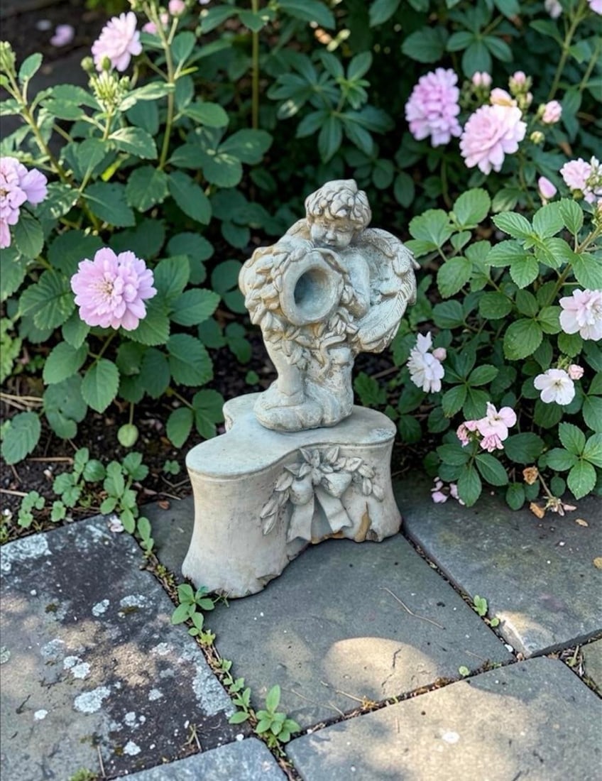 Late 20th Century Cast Stone Garden Fountain Statue Pedestal - Romantic European Garden Accent With - 3