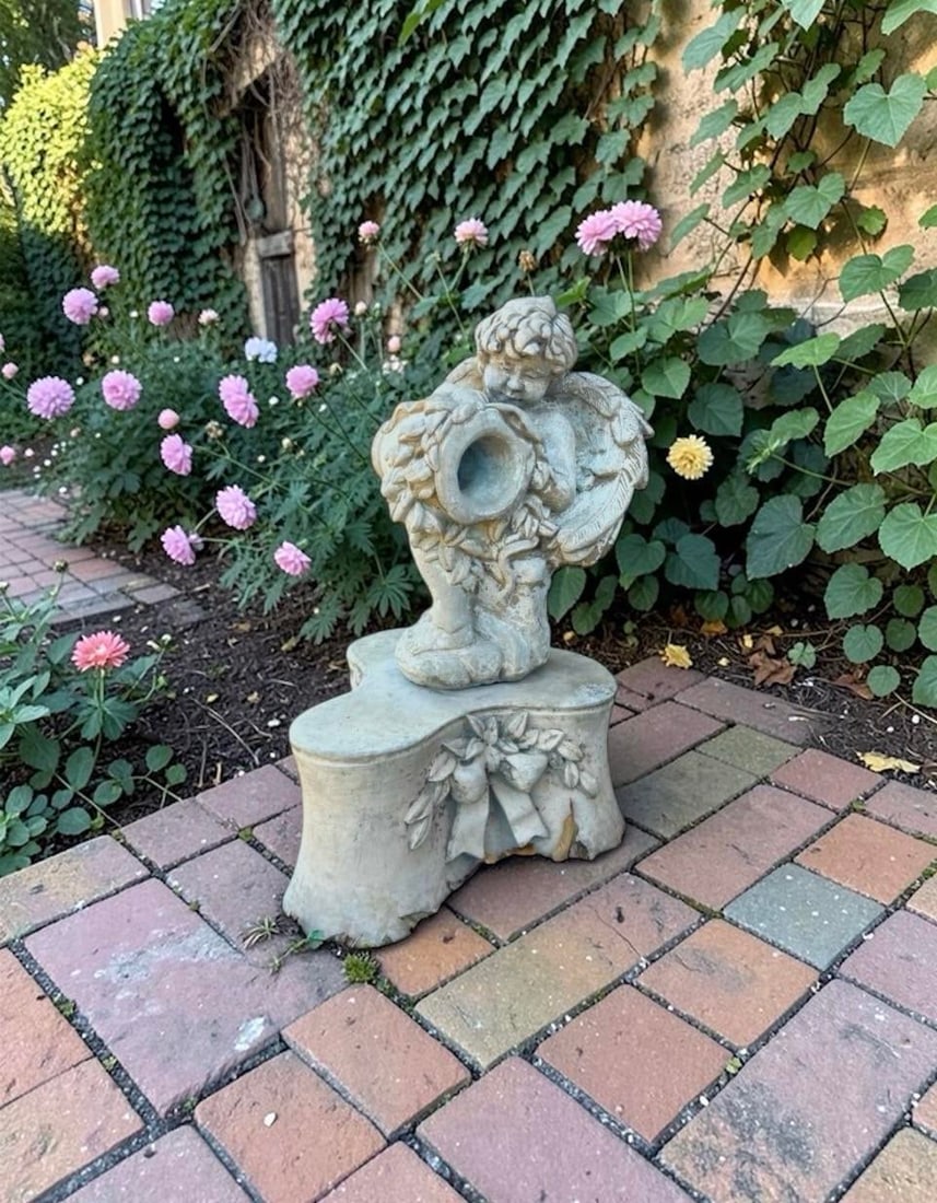 Late 20th Century Cast Stone Garden Fountain Statue Pedestal - Romantic European Garden Accent With - 7